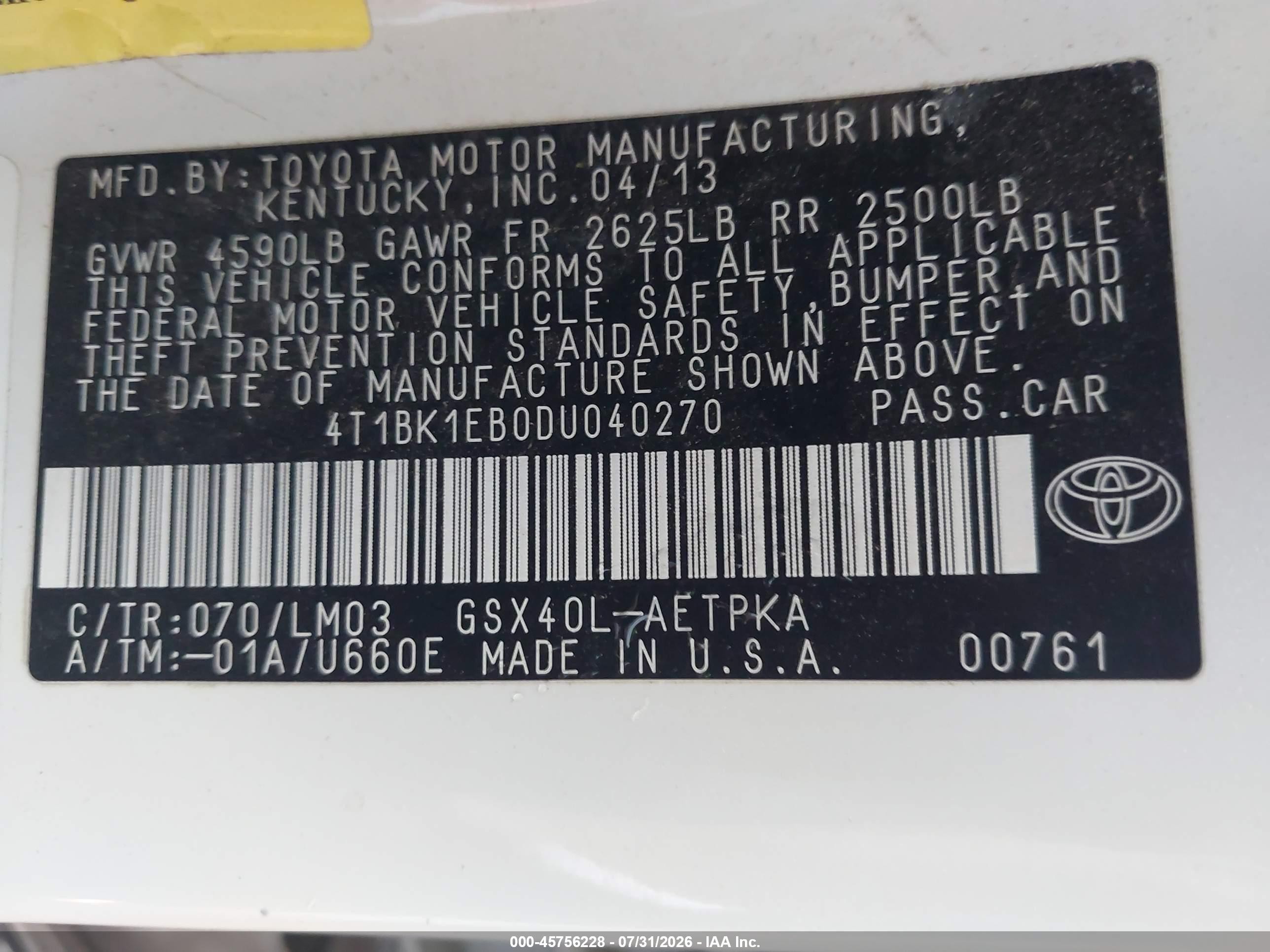 2013 Toyota Avalon Limited White vin: 4T1BK1EB0DU040270