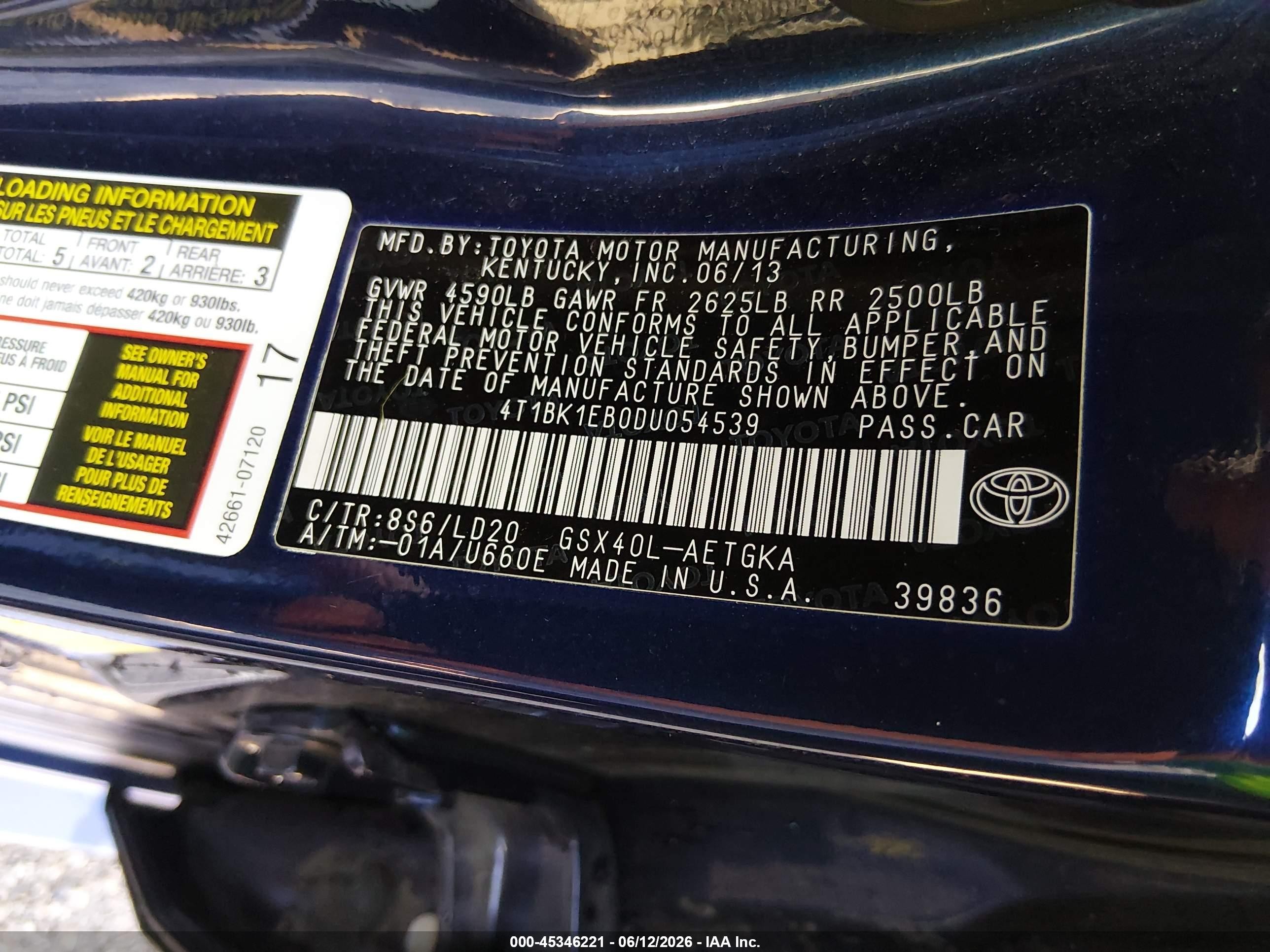 2013 Toyota Avalon Xle Blue vin: 4T1BK1EB0DU054539