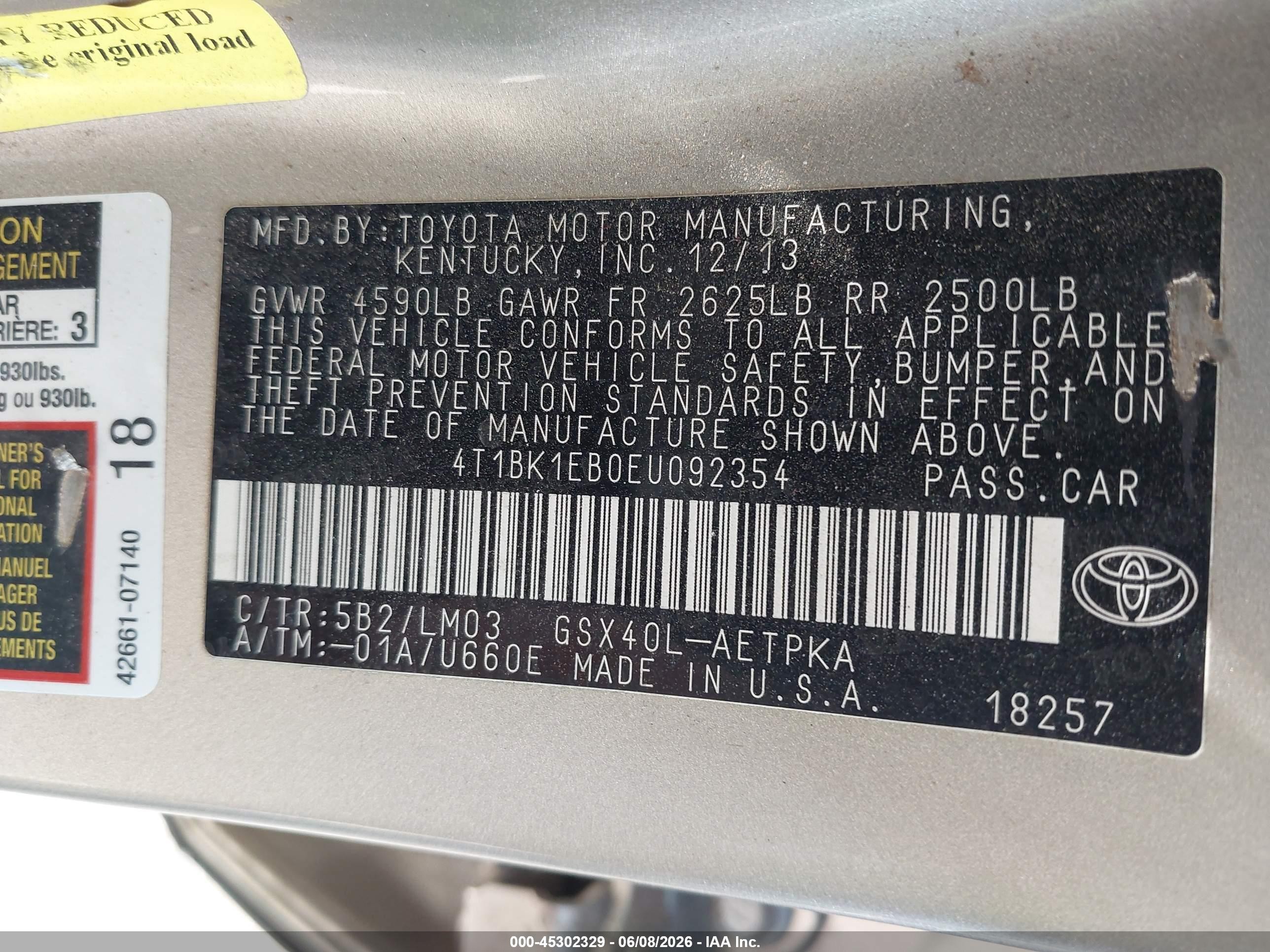2014 Toyota Avalon Limited Pewter vin: 4T1BK1EB0EU092354