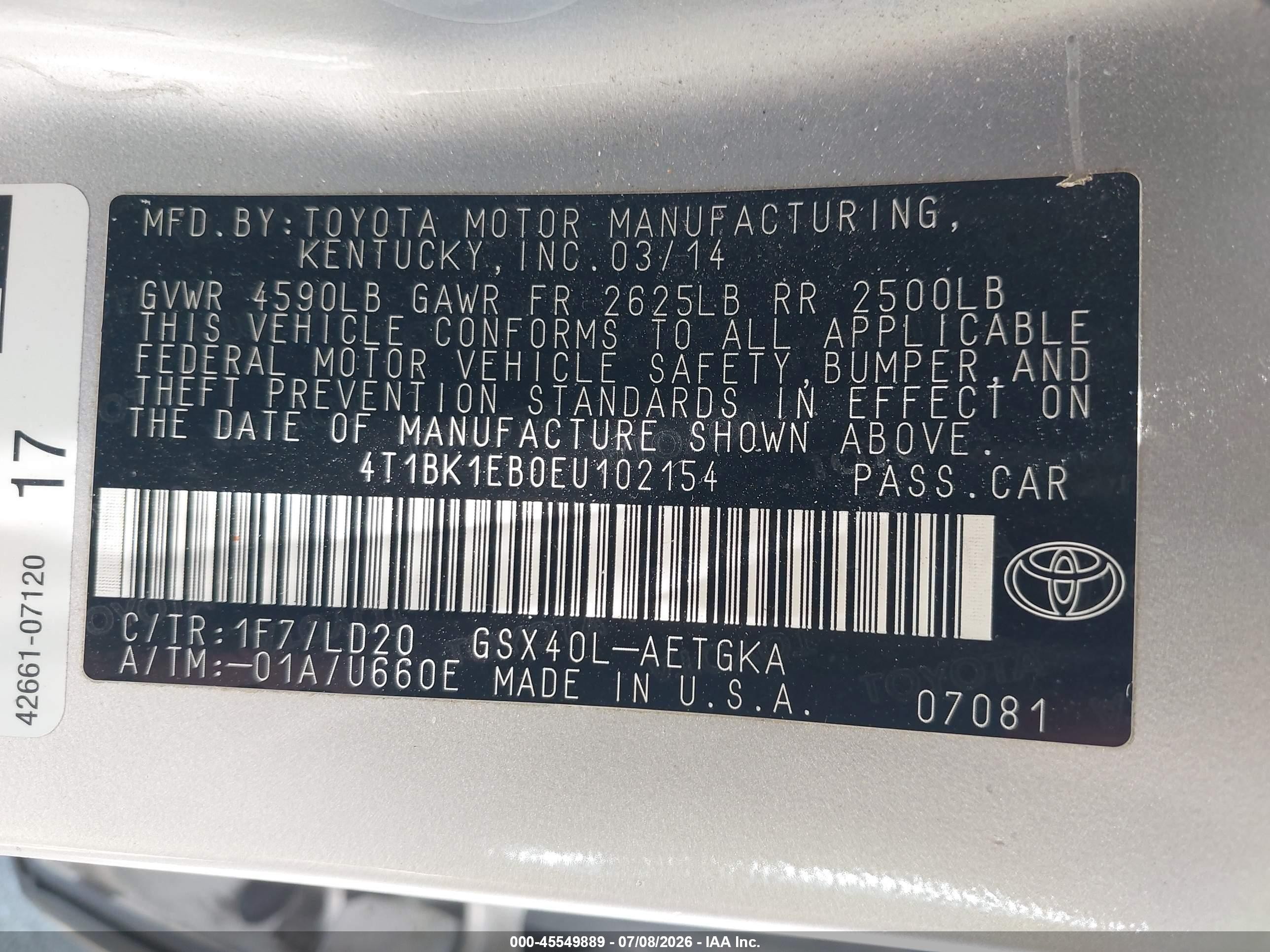 2014 Toyota Avalon Xle Silver vin: 4T1BK1EB0EU102154