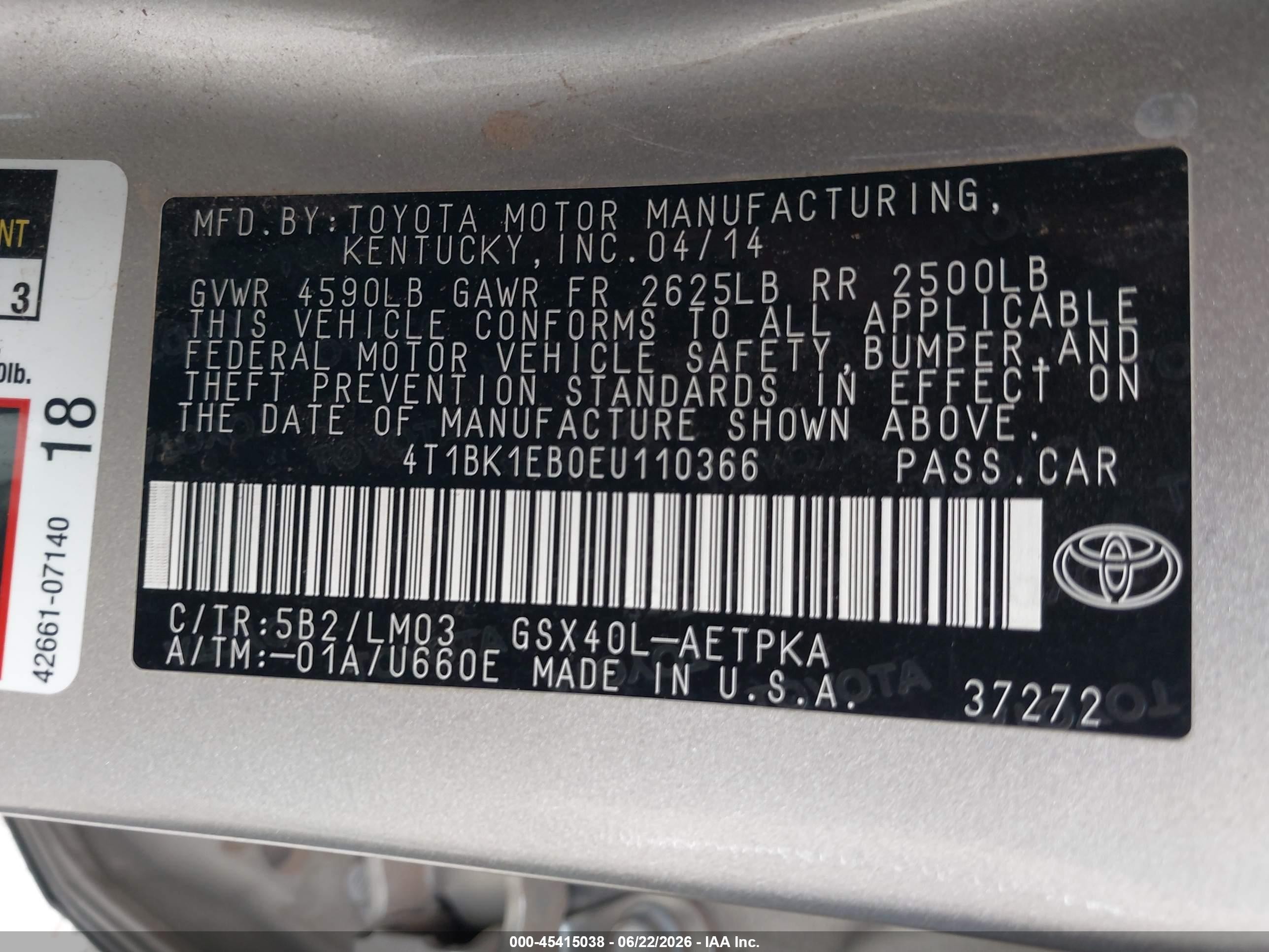 2014 Toyota Avalon Limited Pewter vin: 4T1BK1EB0EU110366