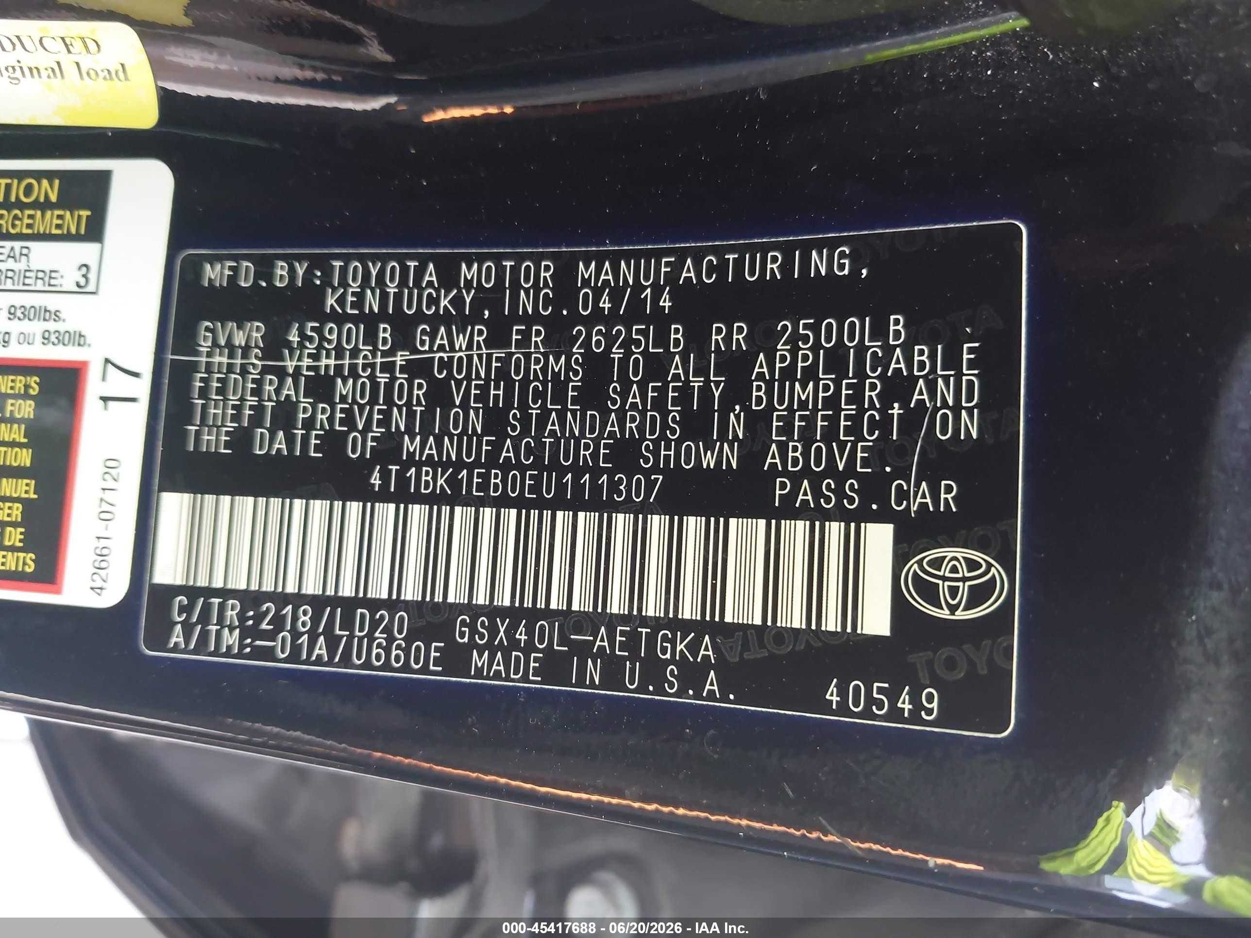 2014 Toyota Avalon Xle Black vin: 4T1BK1EB0EU111307