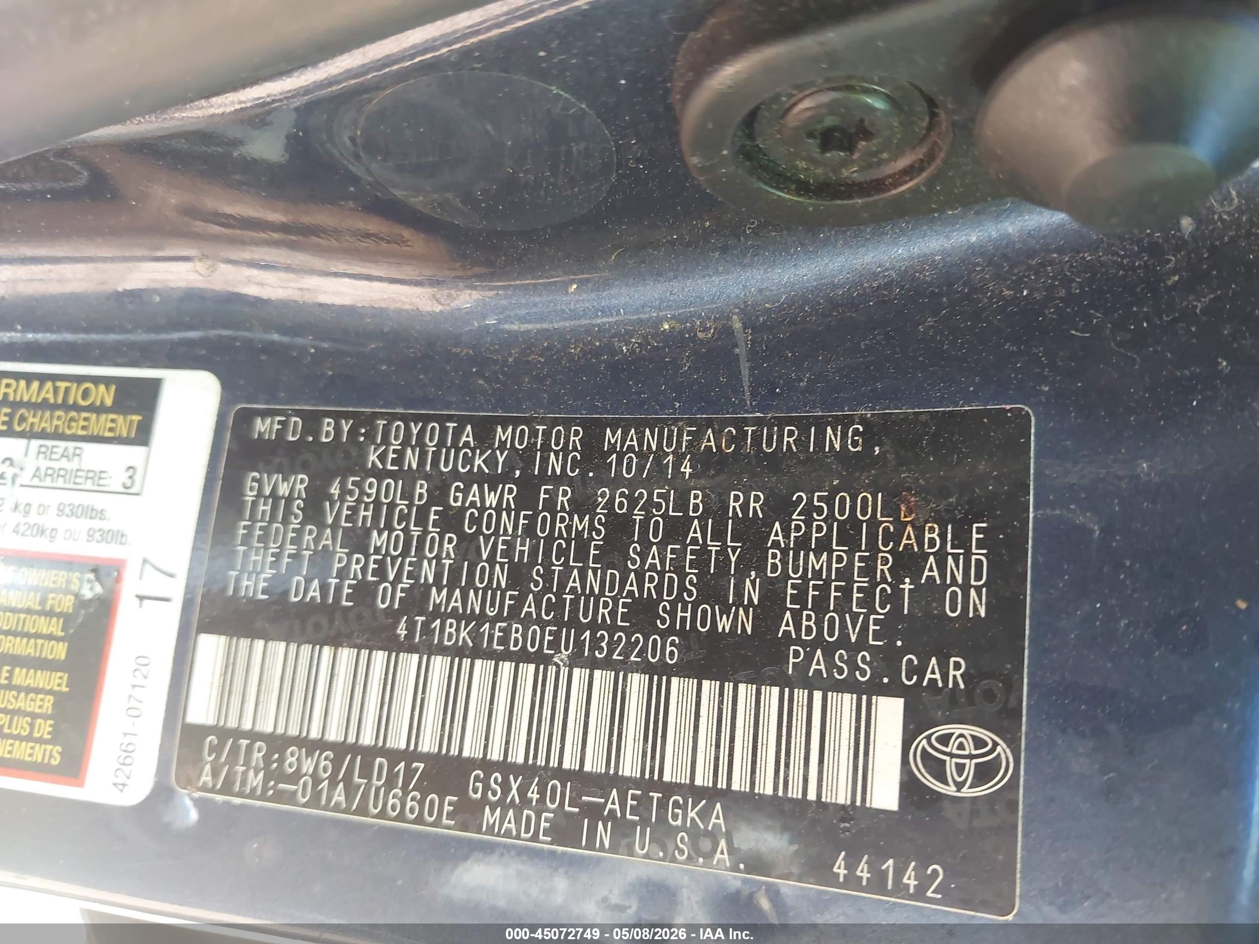 2014 Toyota Avalon Xle Blue vin: 4T1BK1EB0EU132206