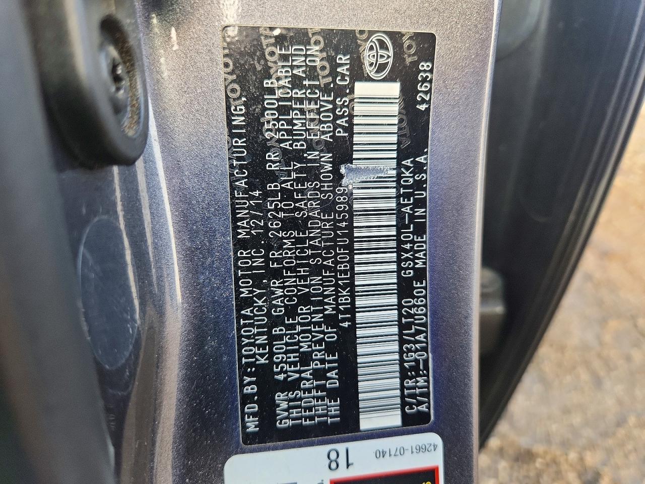 2015 Toyota Avalon Xle Touring Gray vin: 4T1BK1EB0FU145989