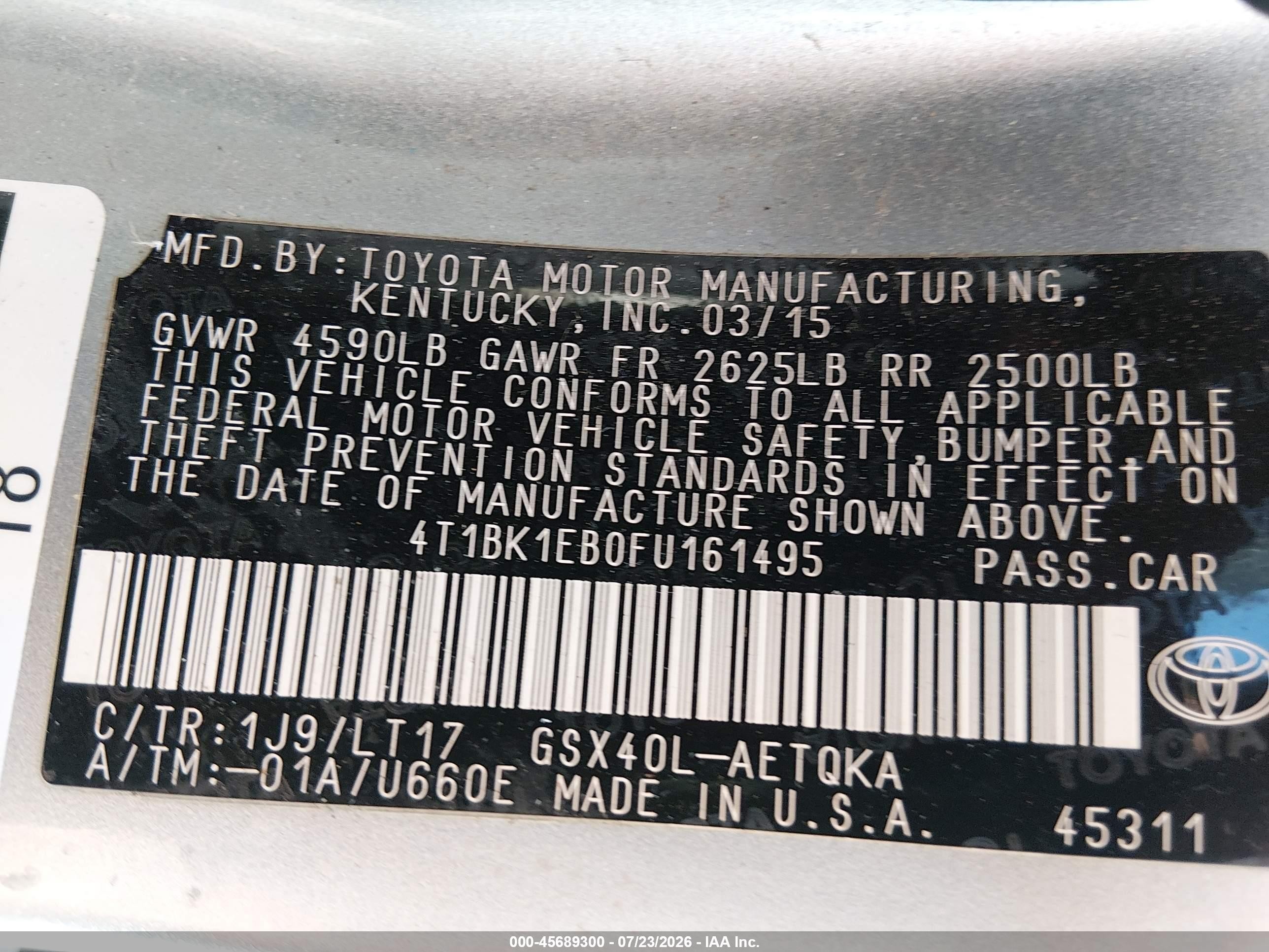 2015 Toyota Avalon Xle Touring Silver vin: 4T1BK1EB0FU161495