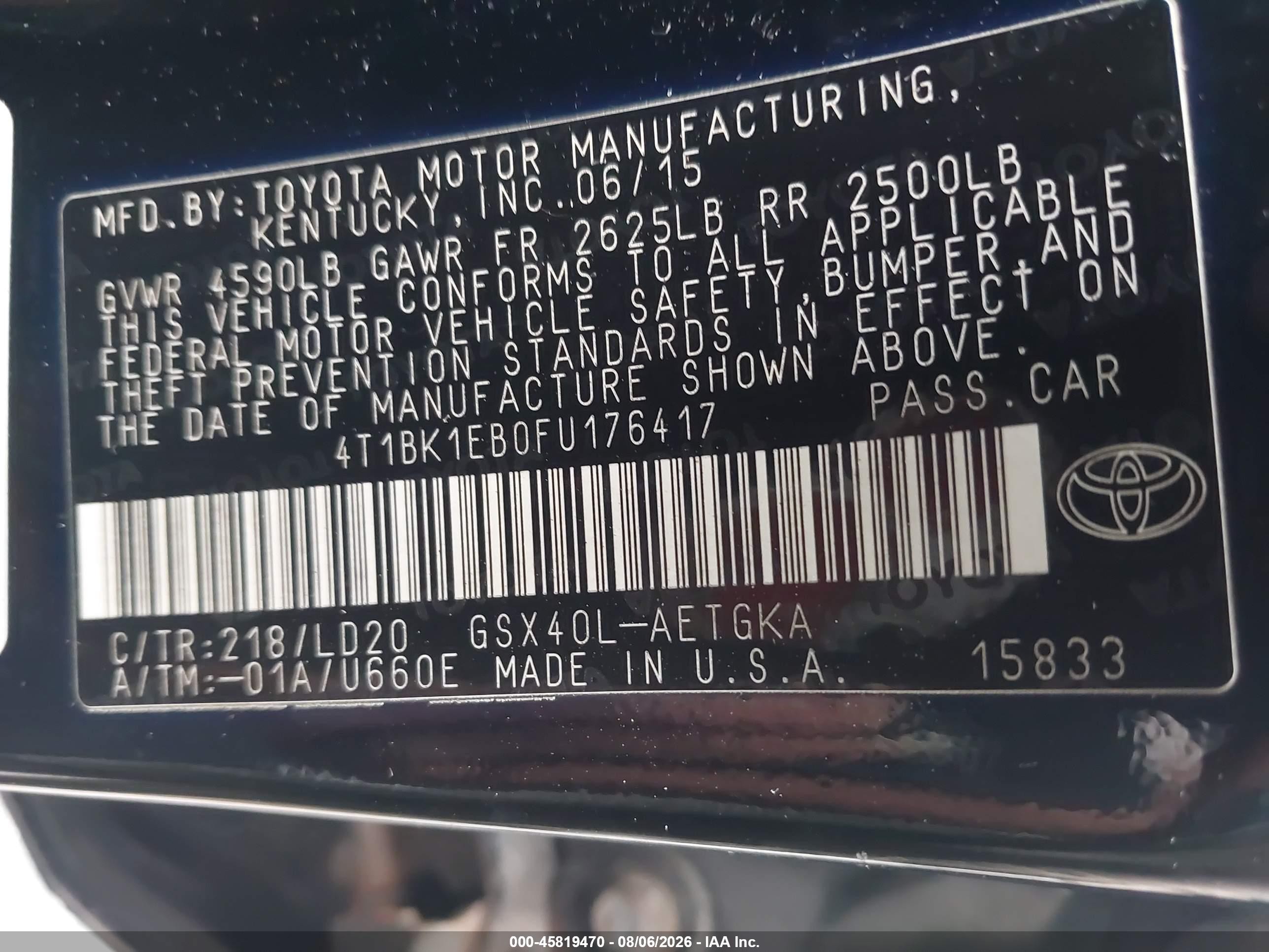 2015 Toyota Avalon Xle Black vin: 4T1BK1EB0FU176417