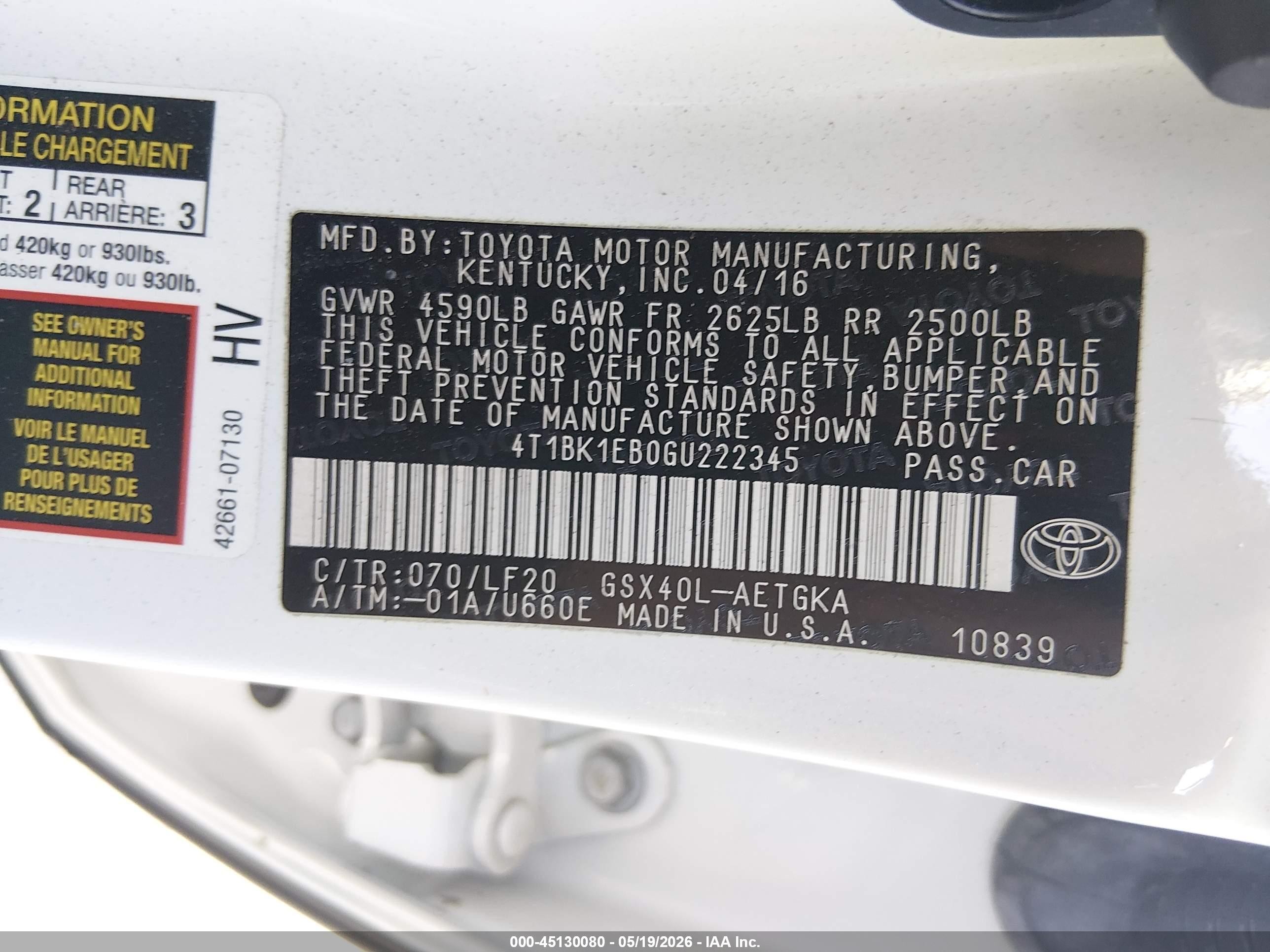 2016 Toyota Avalon Xle Premium White vin: 4T1BK1EB0GU222345