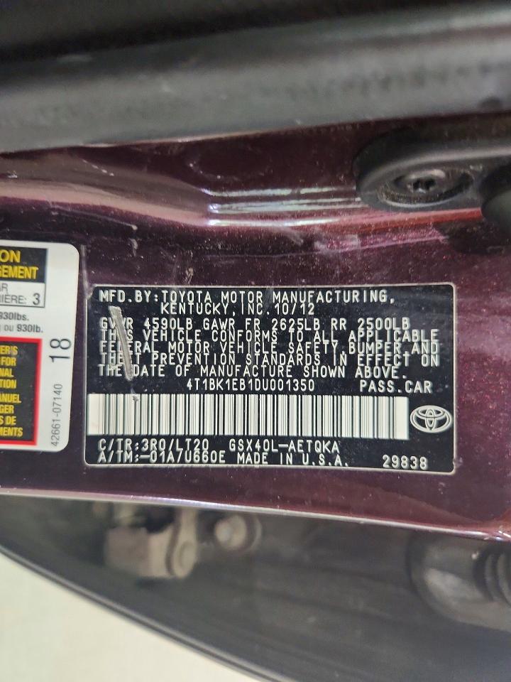 2013 Toyota Avalon Xle Touring Maroon vin: 4T1BK1EB1DU001350