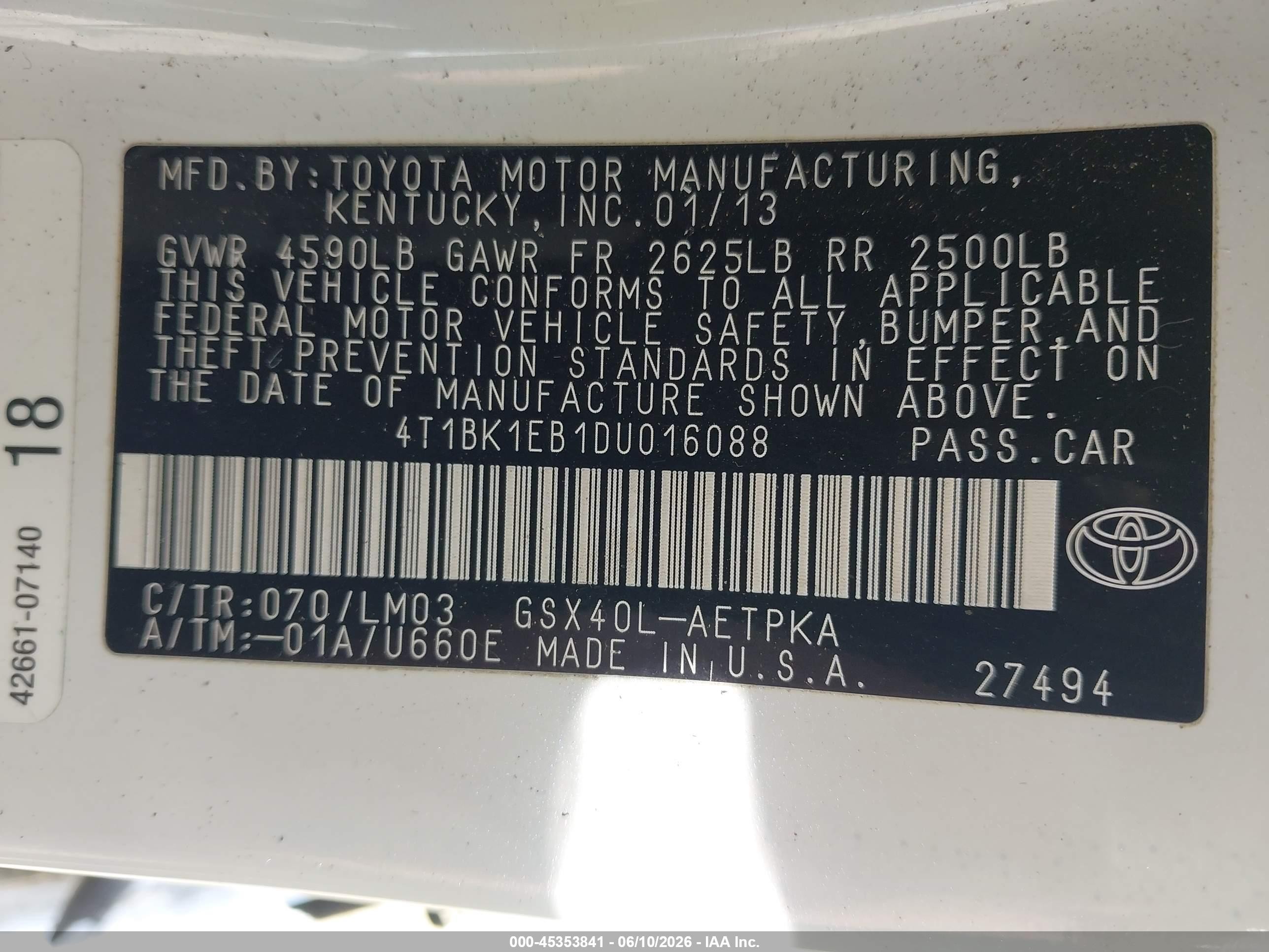 2013 Toyota Avalon Limited White vin: 4T1BK1EB1DU016088
