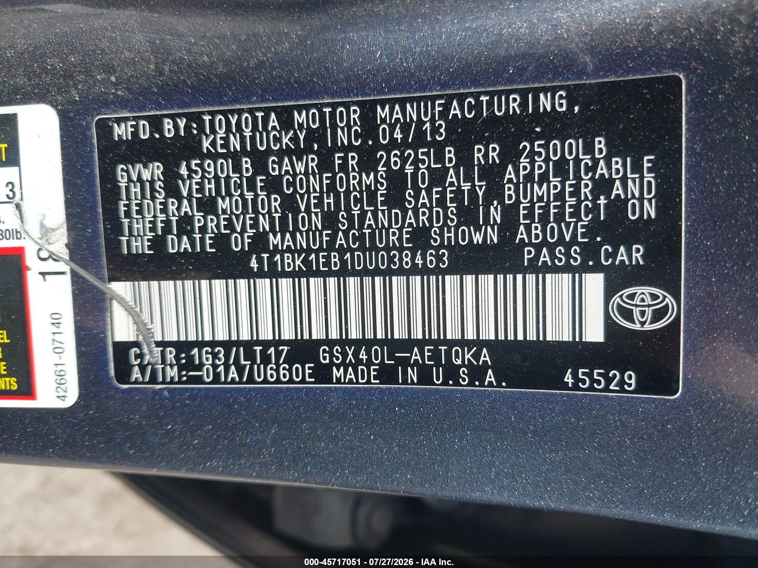 2013 Toyota Avalon Xle Touring Gray vin: 4T1BK1EB1DU038463