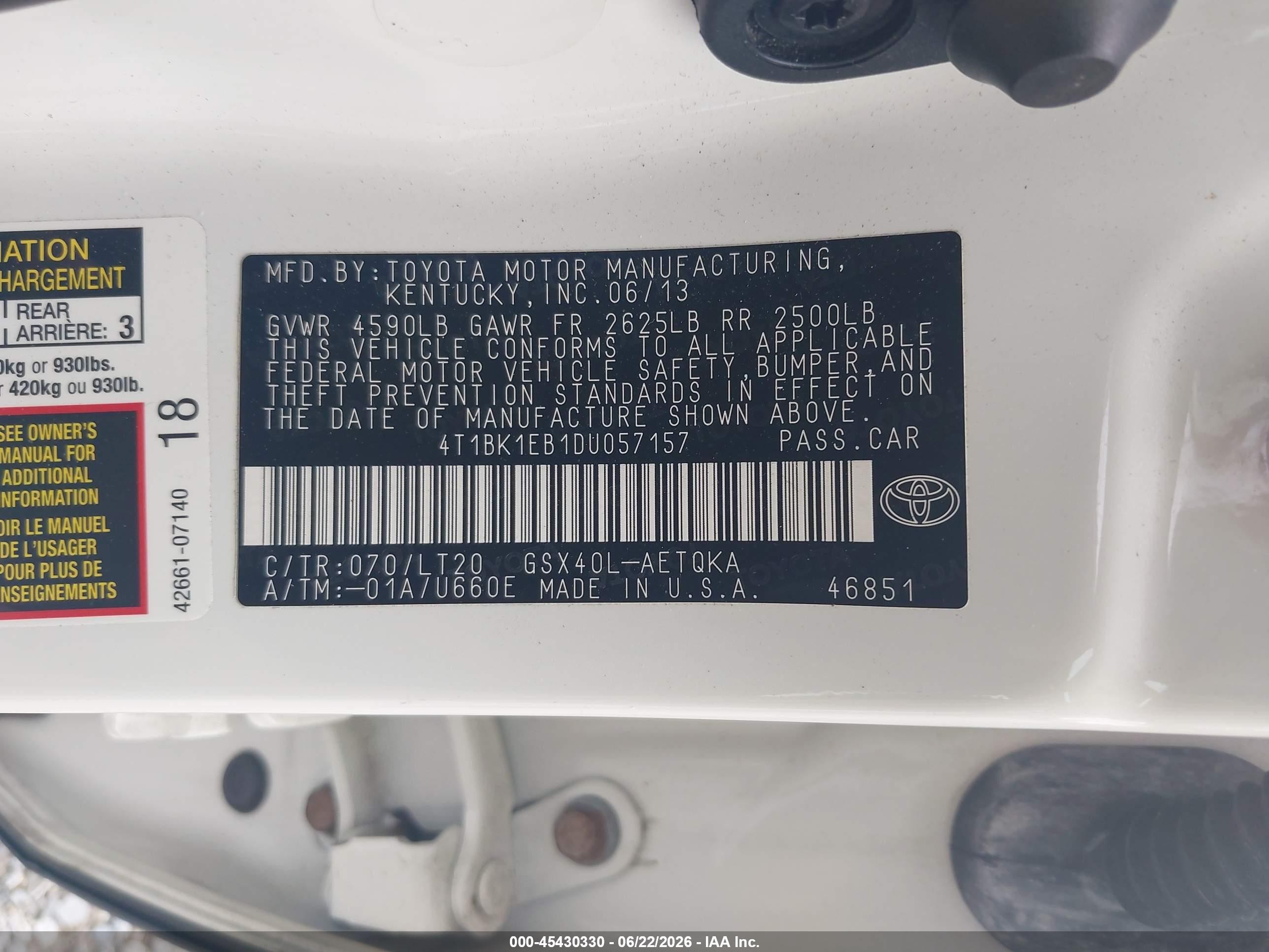 2013 Toyota Avalon Xle Touring White vin: 4T1BK1EB1DU057157