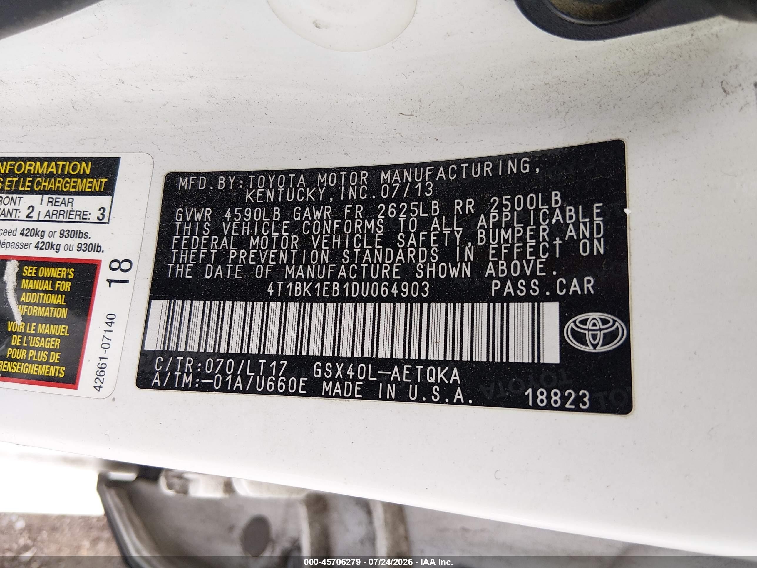 2013 Toyota Avalon Xle Touring White vin: 4T1BK1EB1DU064903