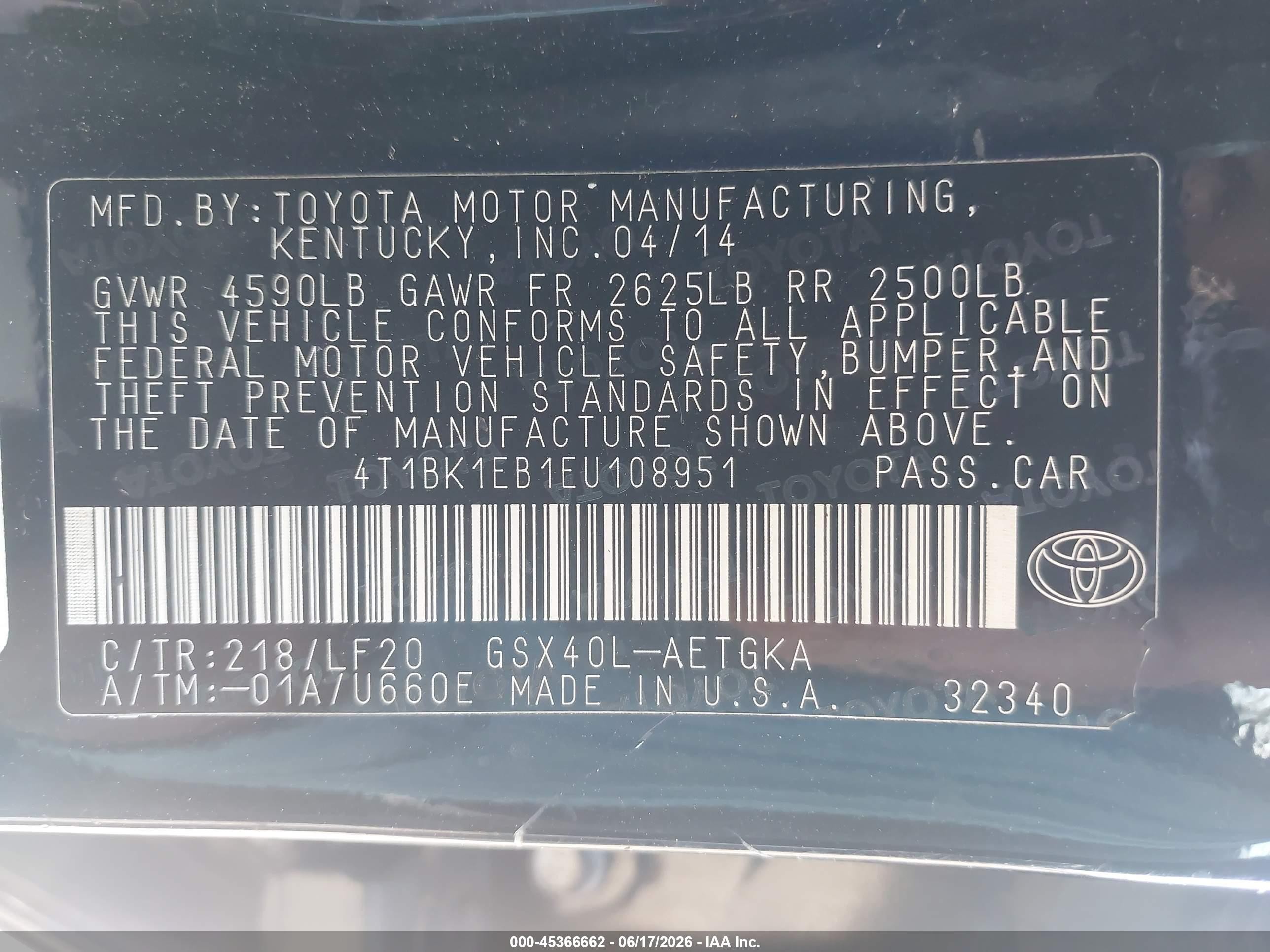 2014 Toyota Avalon Xle Premium Black vin: 4T1BK1EB1EU108951