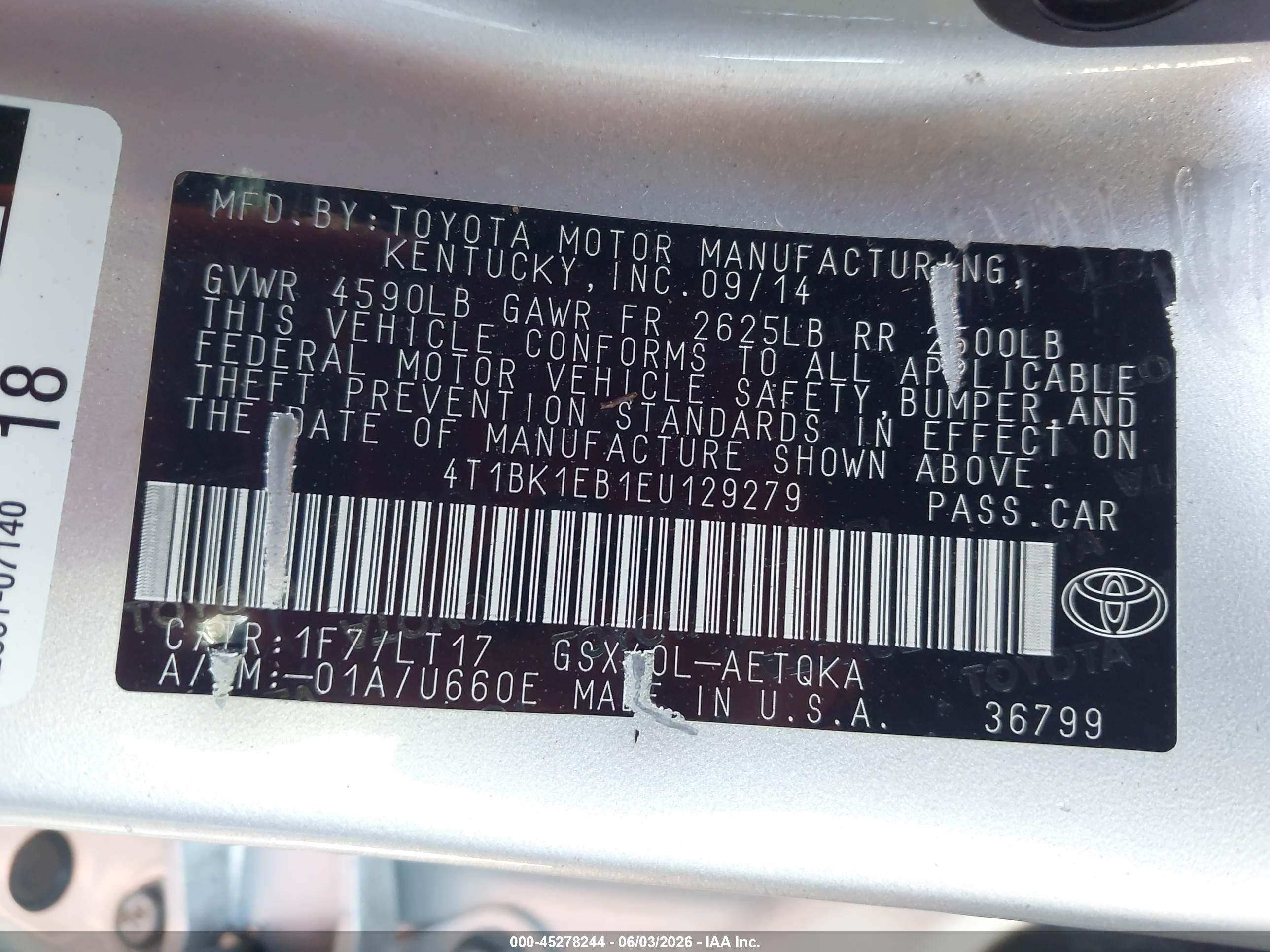 2014 Toyota Avalon Xle Touring Silver vin: 4T1BK1EB1EU129279