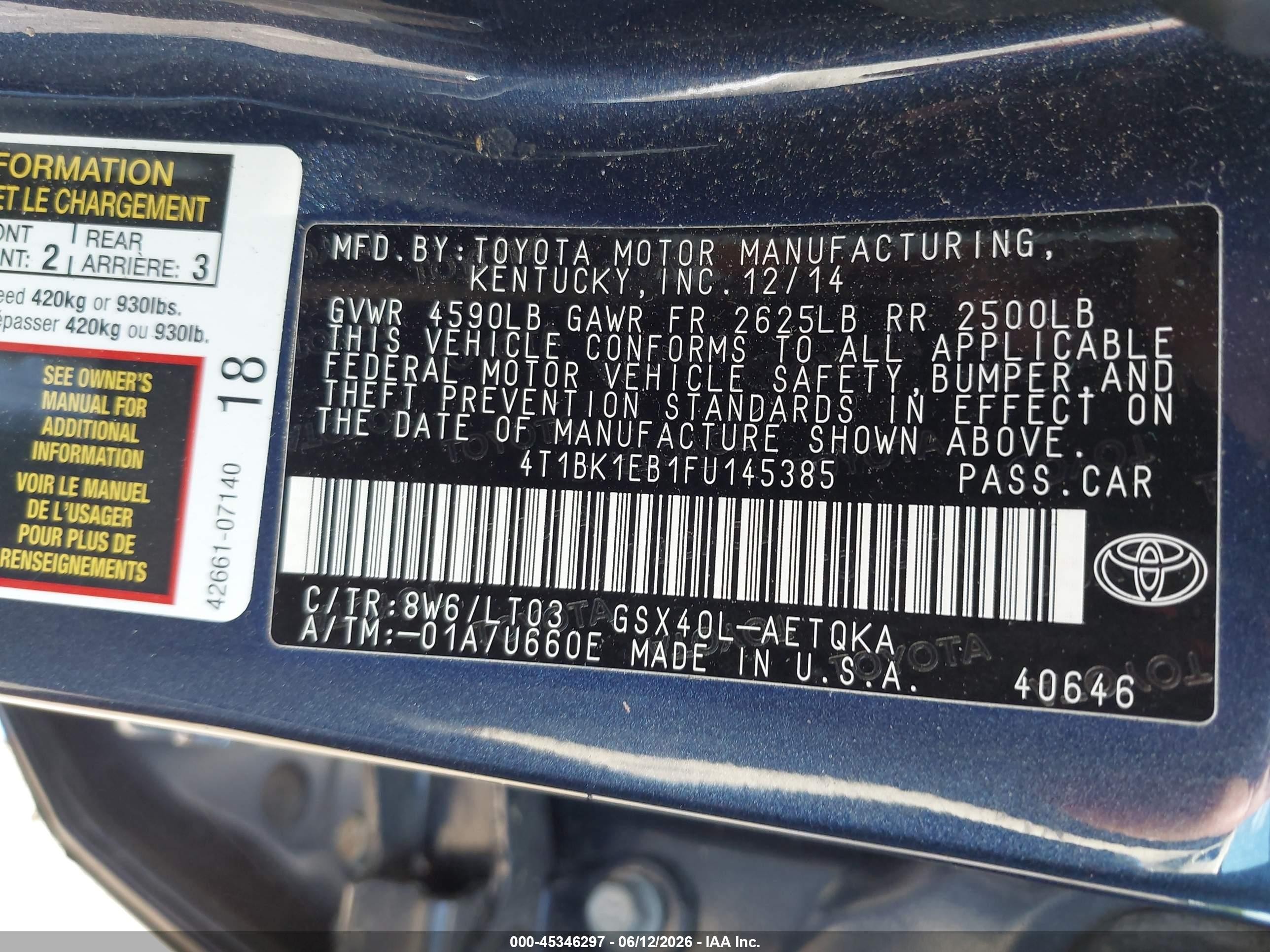 2015 Toyota Avalon Xle Touring Dark Blue vin: 4T1BK1EB1FU145385