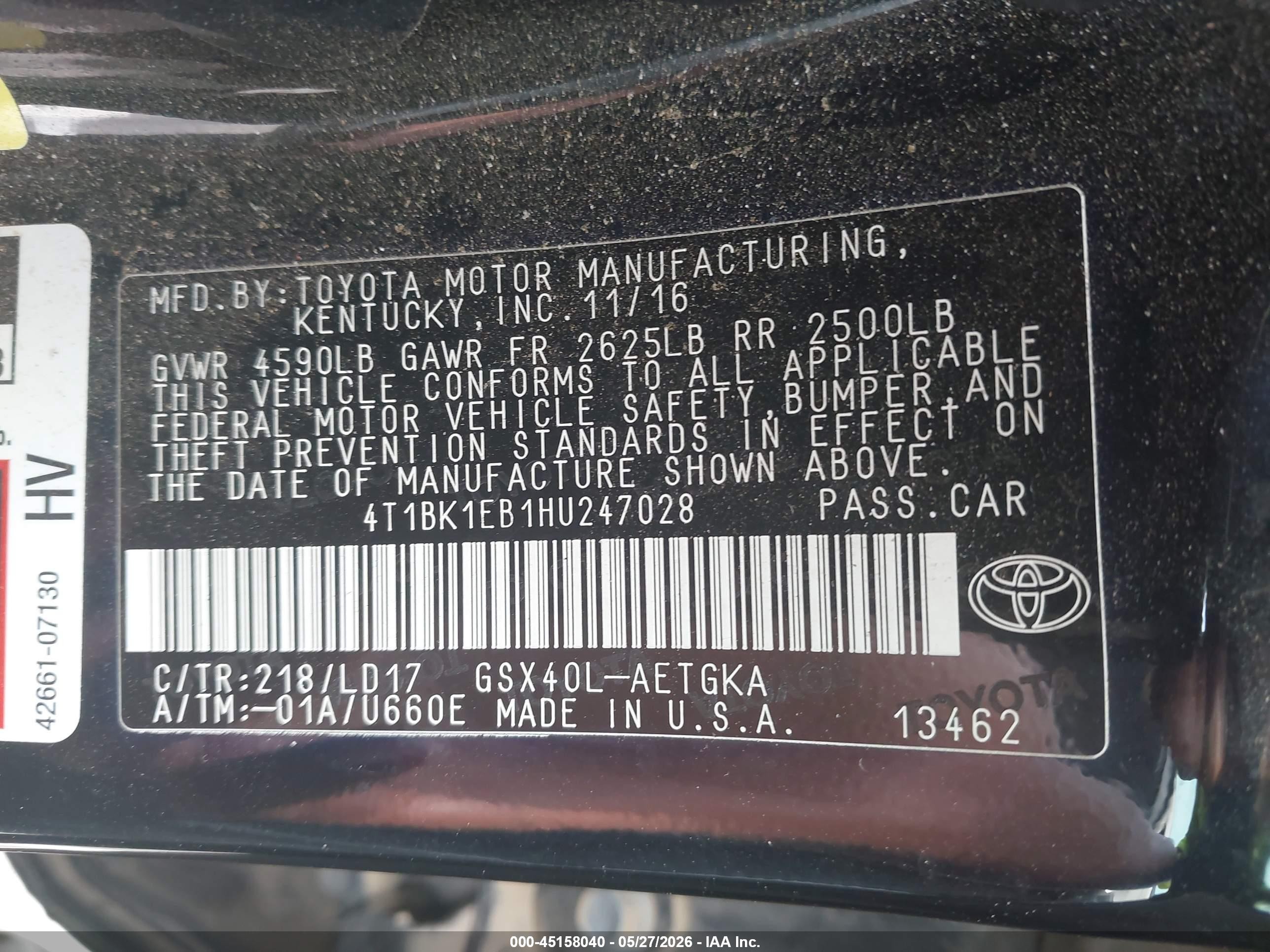 2017 Toyota Avalon Xle Black vin: 4T1BK1EB1HU247028