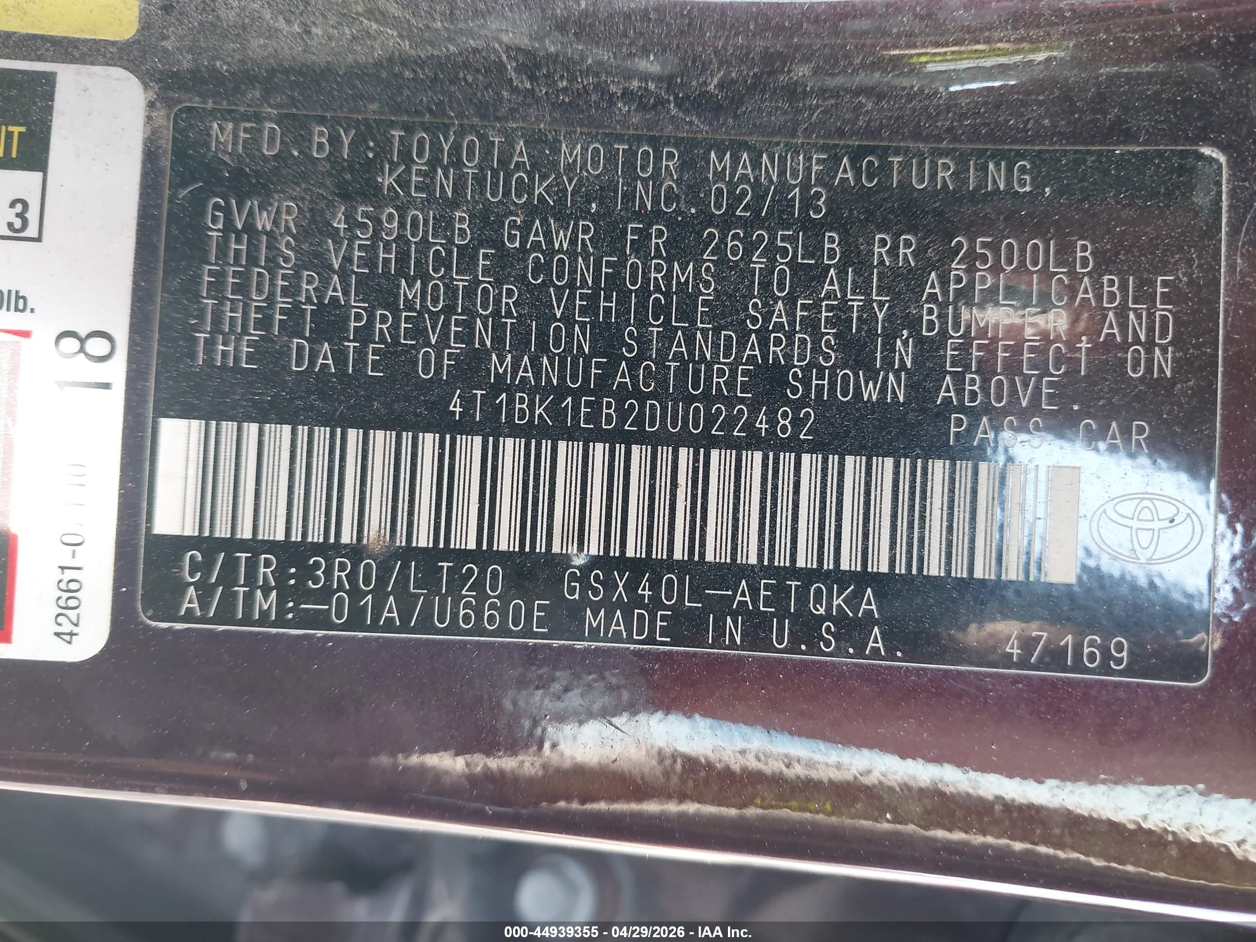 2013 Toyota Avalon Xle Touring Maroon vin: 4T1BK1EB2DU022482