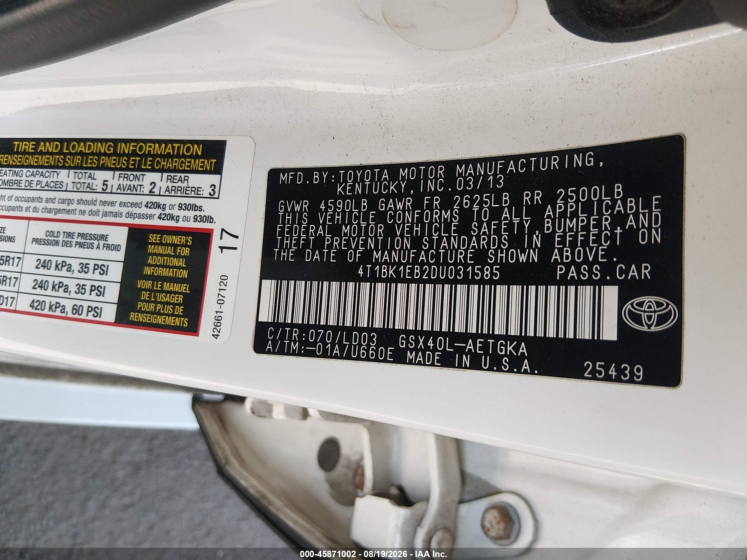 2013 Toyota Avalon Xle White vin: 4T1BK1EB2DU031585