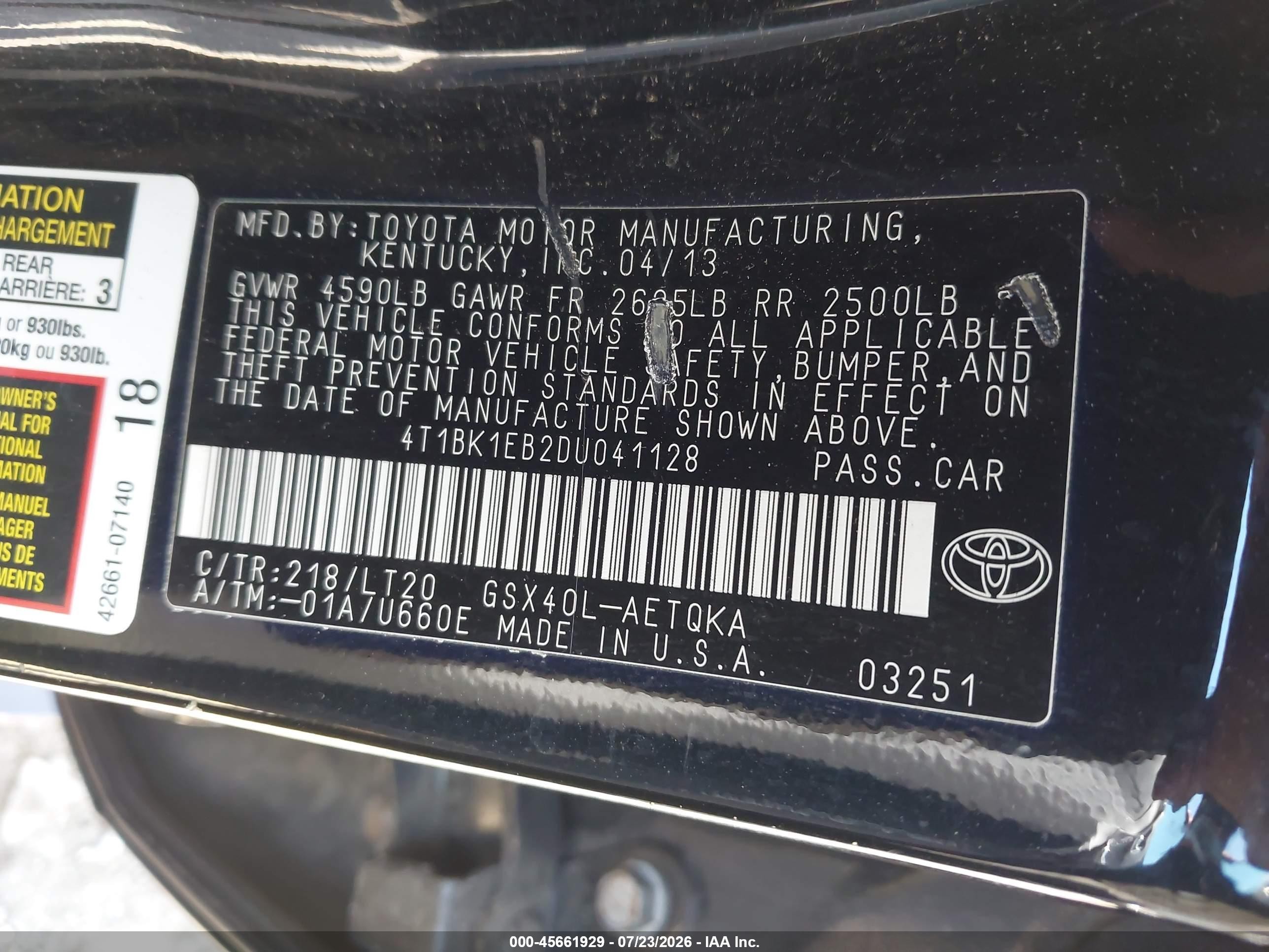 2013 Toyota Avalon Xle Touring Black vin: 4T1BK1EB2DU041128