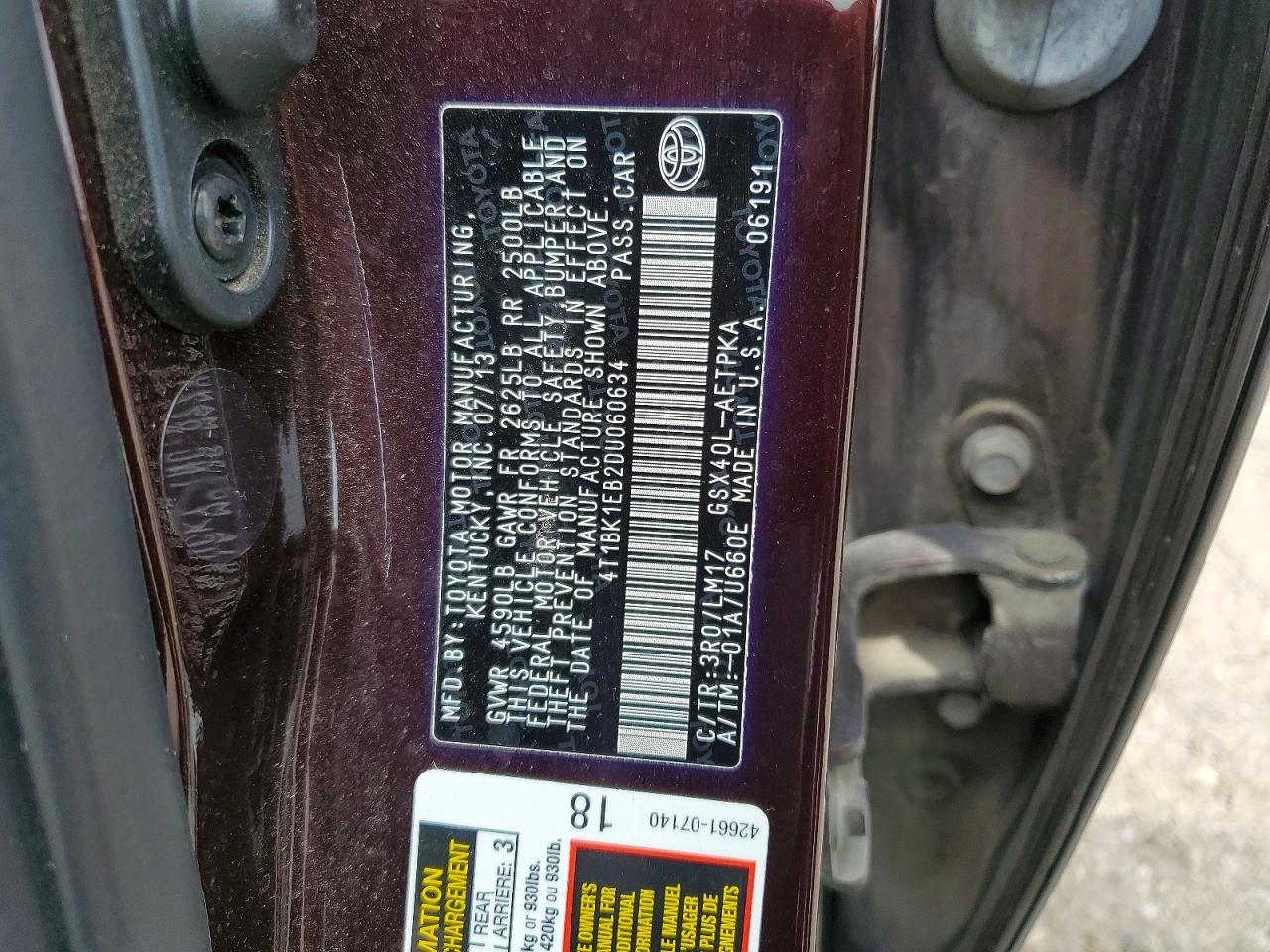 2013 Toyota Avalon Limited Burgundy vin: 4T1BK1EB2DU060634