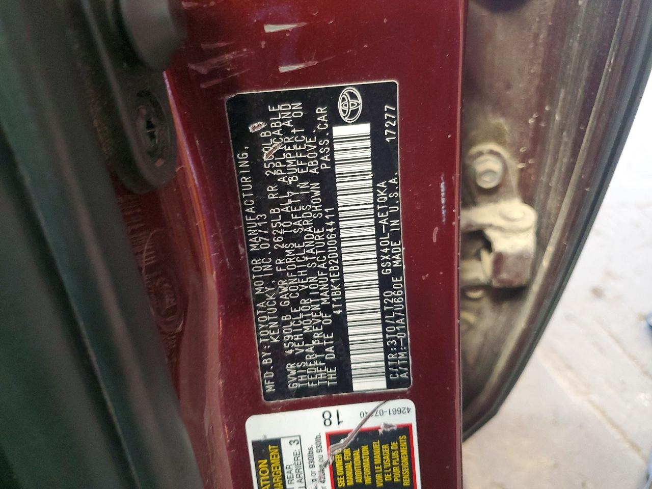 2013 Toyota Avalon Xle Touring Burgundy vin: 4T1BK1EB2DU064411