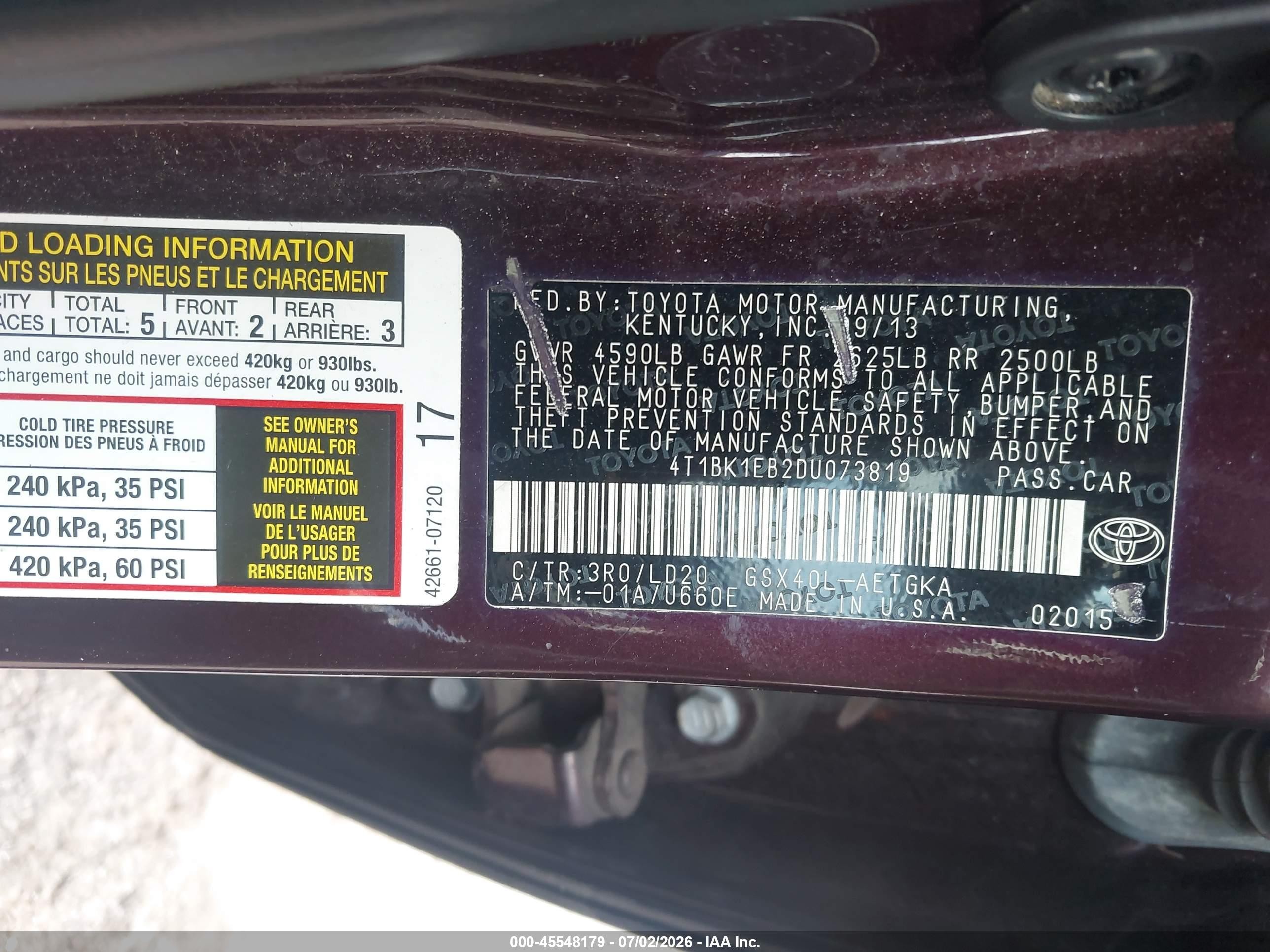 2013 Toyota Avalon Xle Burgundy vin: 4T1BK1EB2DU073819