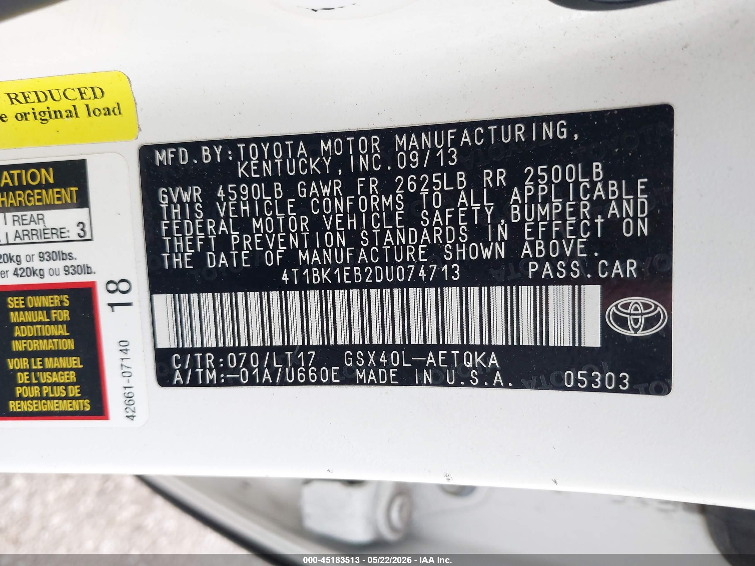 2013 Toyota Avalon Xle Touring White vin: 4T1BK1EB2DU074713