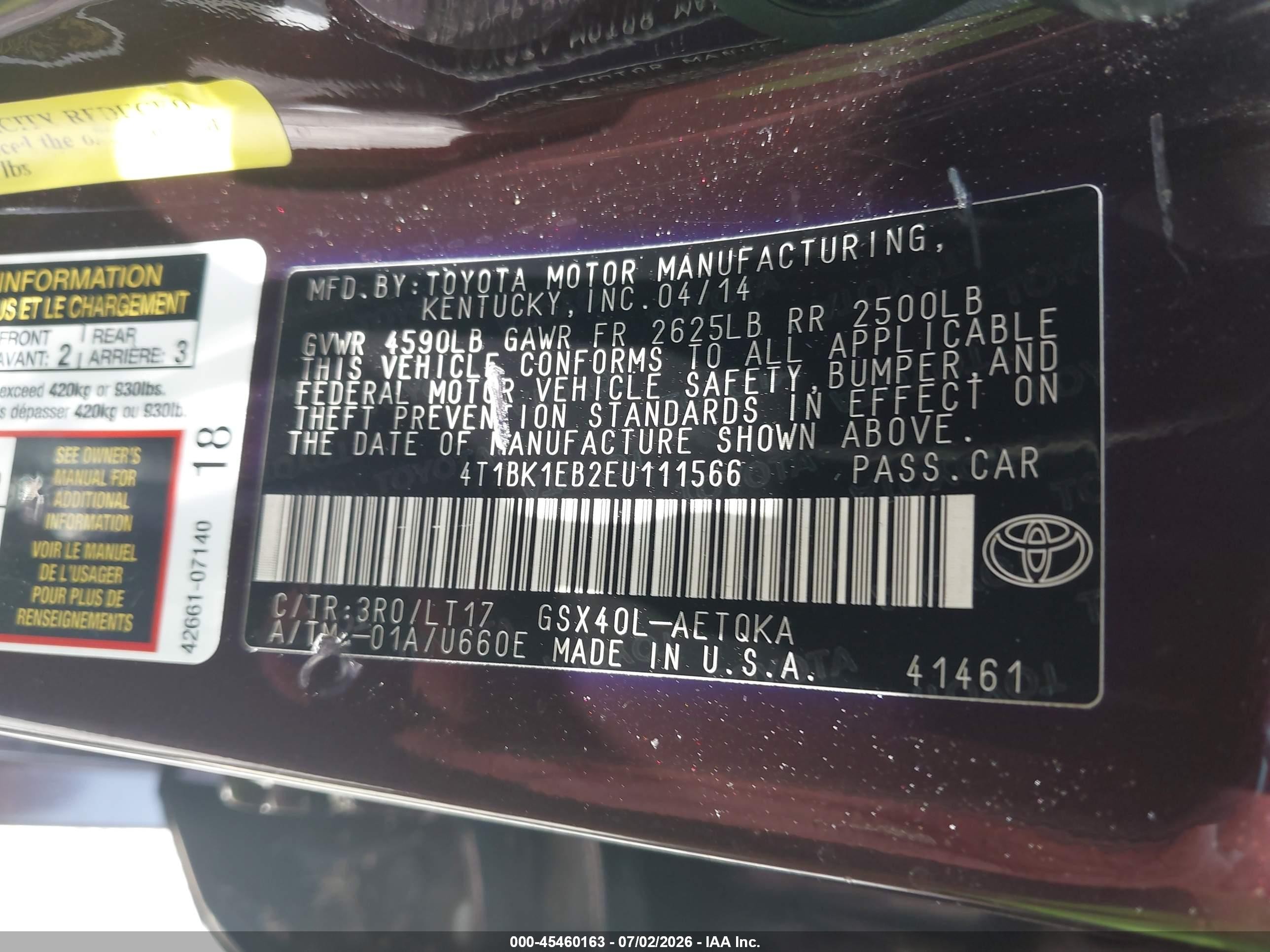 2014 Toyota Avalon Xle Touring Purple vin: 4T1BK1EB2EU111566