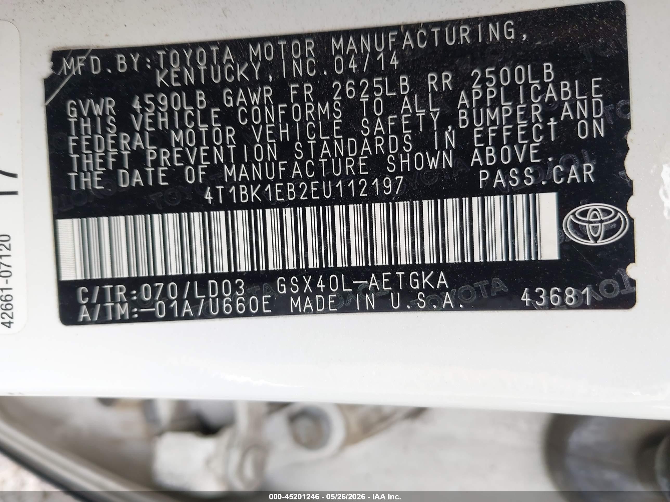 2014 Toyota Avalon Xle White vin: 4T1BK1EB2EU112197