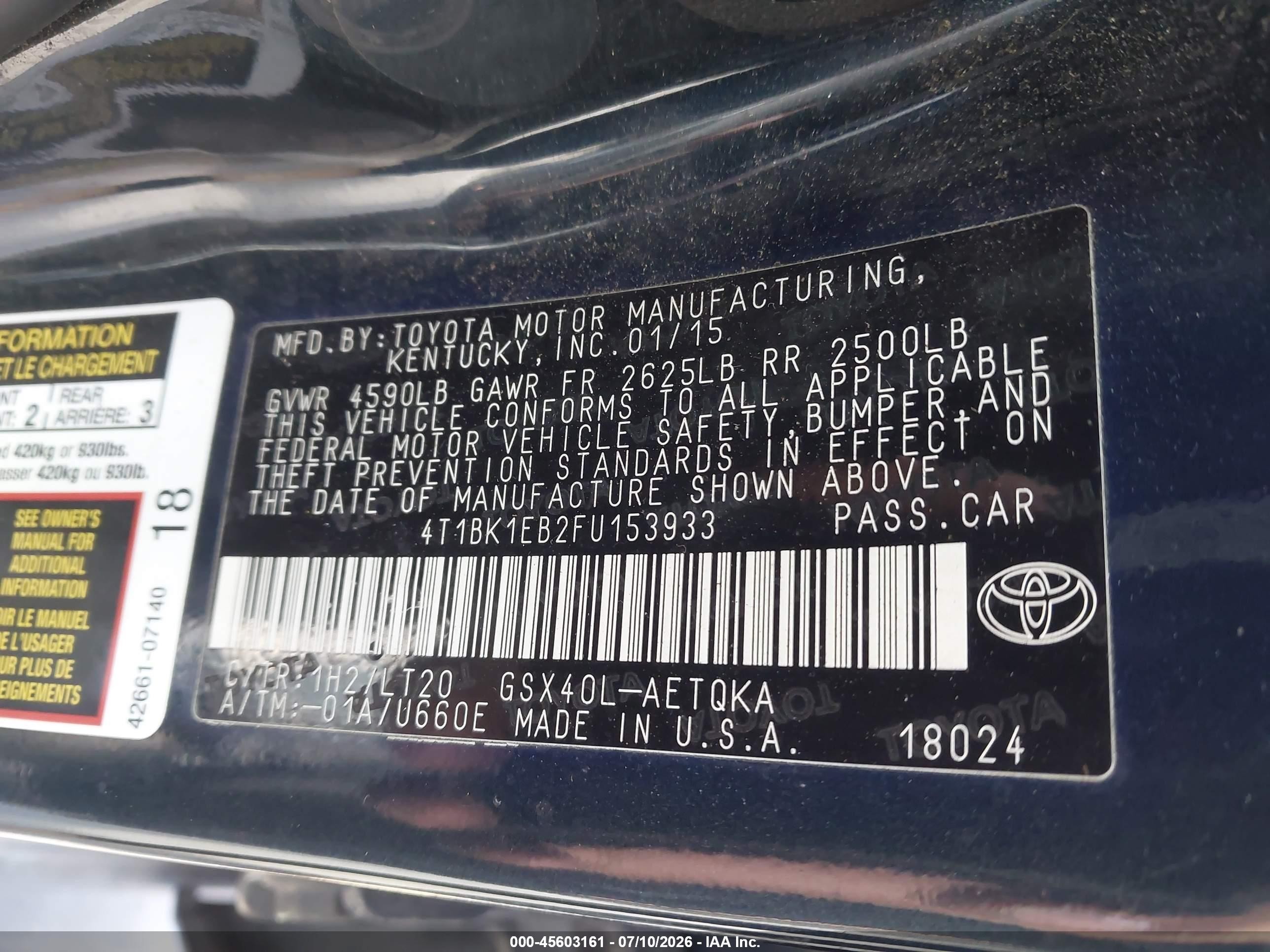 2015 Toyota Avalon Xle Touring Black vin: 4T1BK1EB2FU153933