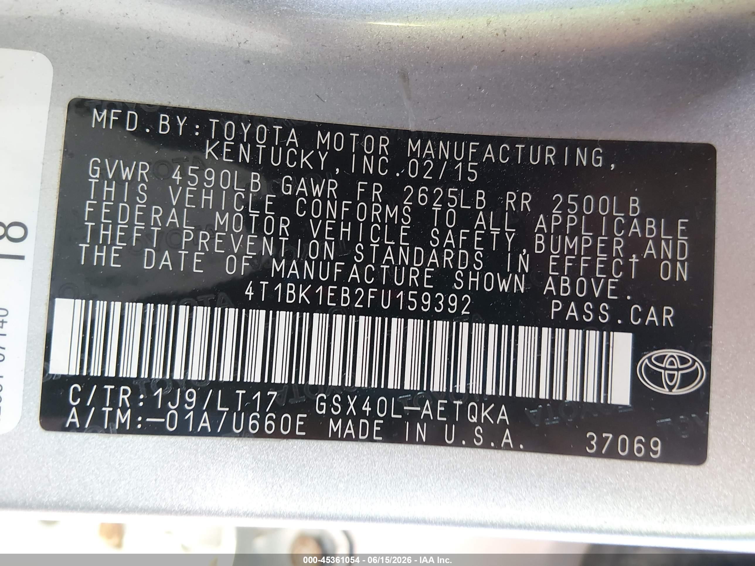 2015 Toyota Avalon Xle Touring Silver vin: 4T1BK1EB2FU159392