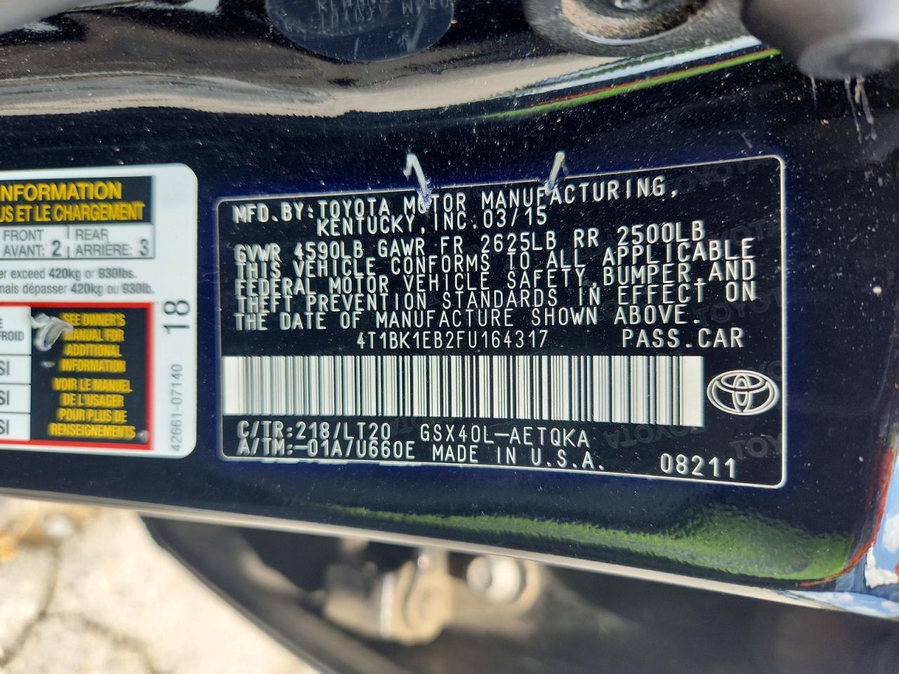 2015 Toyota Avalon Xle Touring Black vin: 4T1BK1EB2FU164317