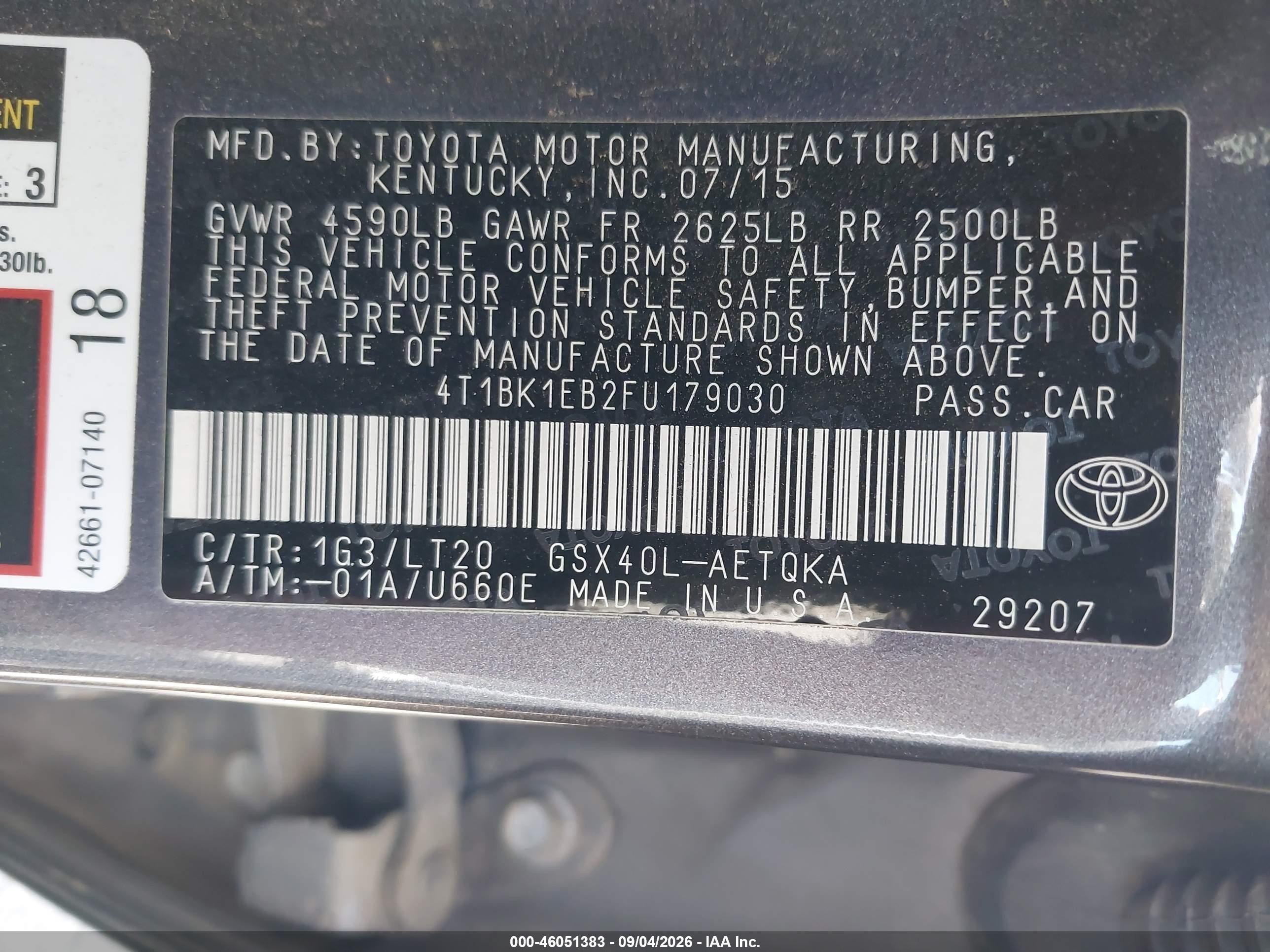 2015 Toyota Avalon Xle Touring Gray vin: 4T1BK1EB2FU179030