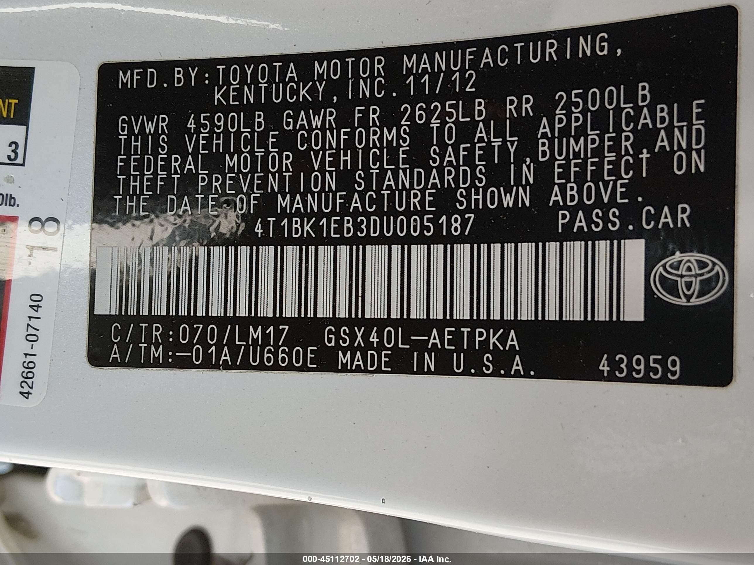2013 Toyota Avalon Limited White vin: 4T1BK1EB3DU005187