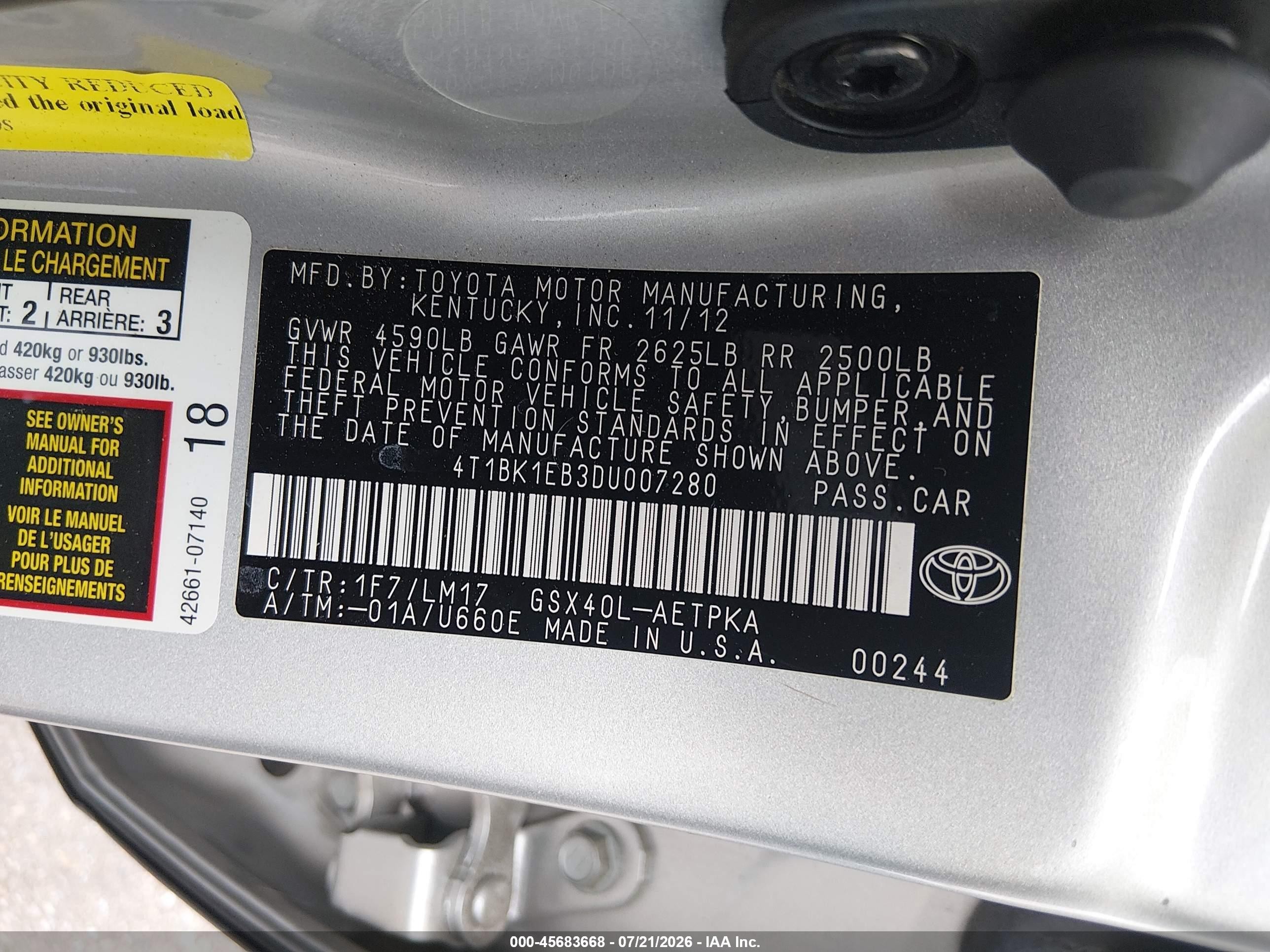 2013 Toyota Avalon Limited Серебряный vin: 4T1BK1EB3DU007280
