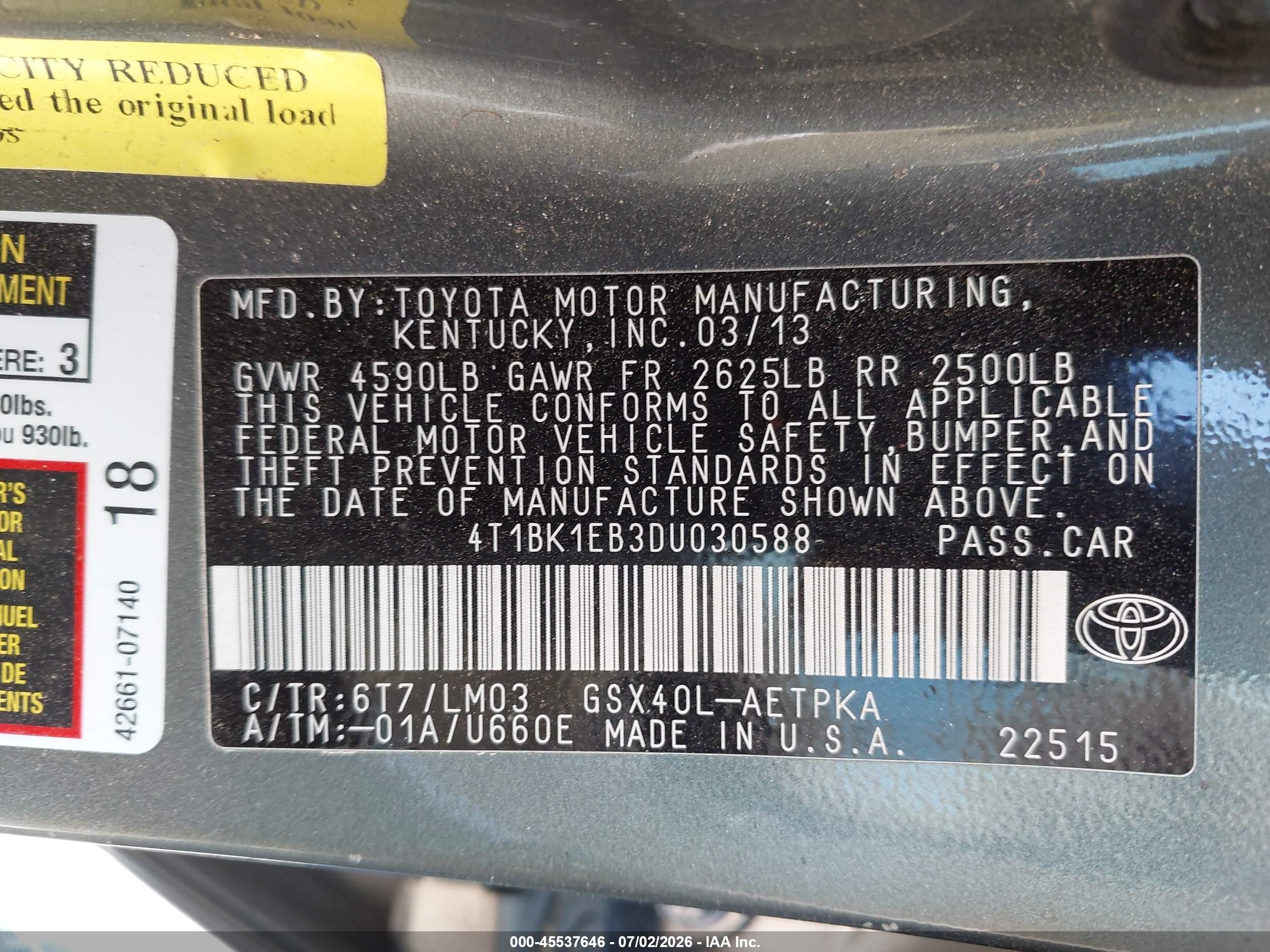2013 Toyota Avalon Limited Green vin: 4T1BK1EB3DU030588