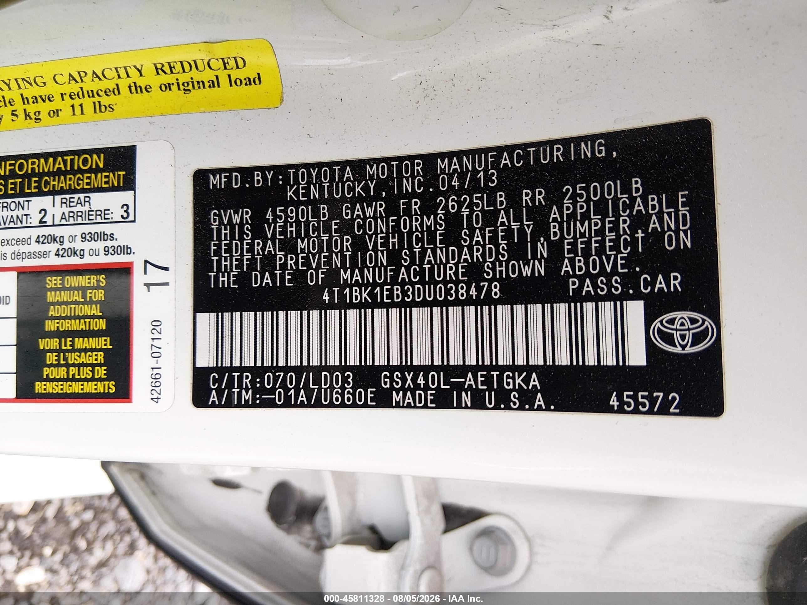 2013 Toyota Avalon Xle Белый vin: 4T1BK1EB3DU038478