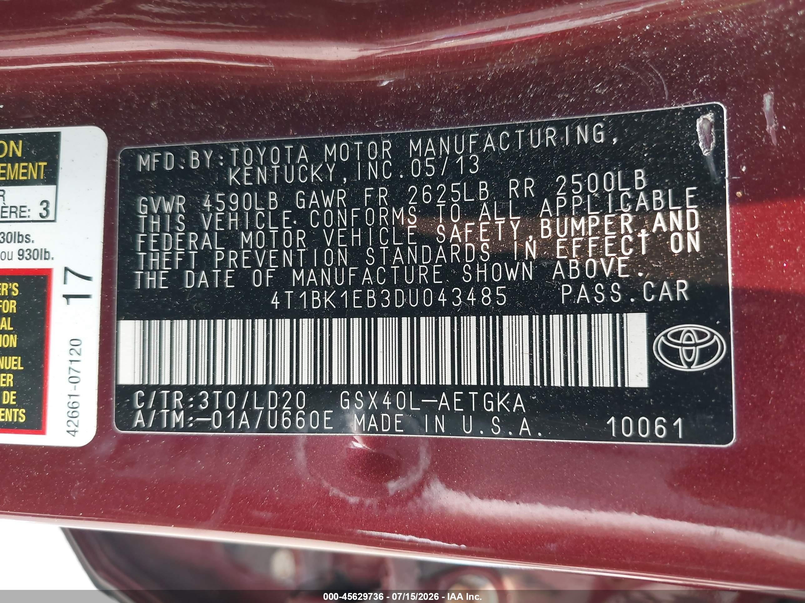 2013 Toyota Avalon Xle Burgundy vin: 4T1BK1EB3DU043485