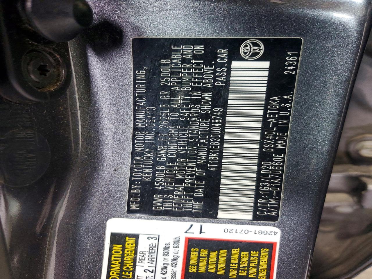 2013 Toyota Avalon Xle Gray vin: 4T1BK1EB3DU048749