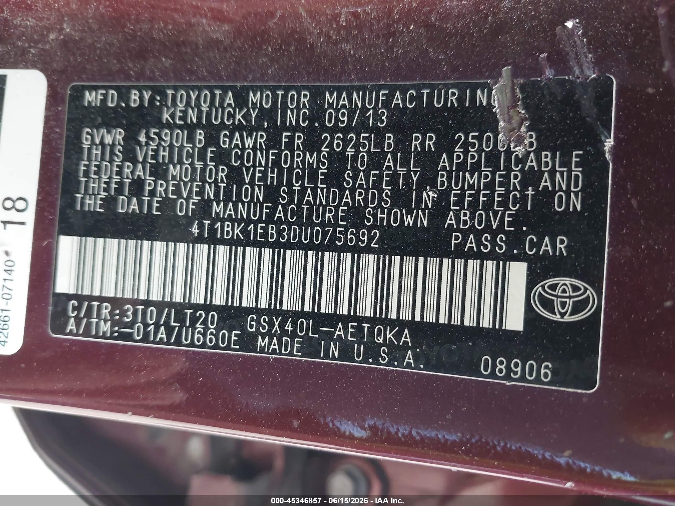 2013 Toyota Avalon Xle Touring Maroon vin: 4T1BK1EB3DU075692