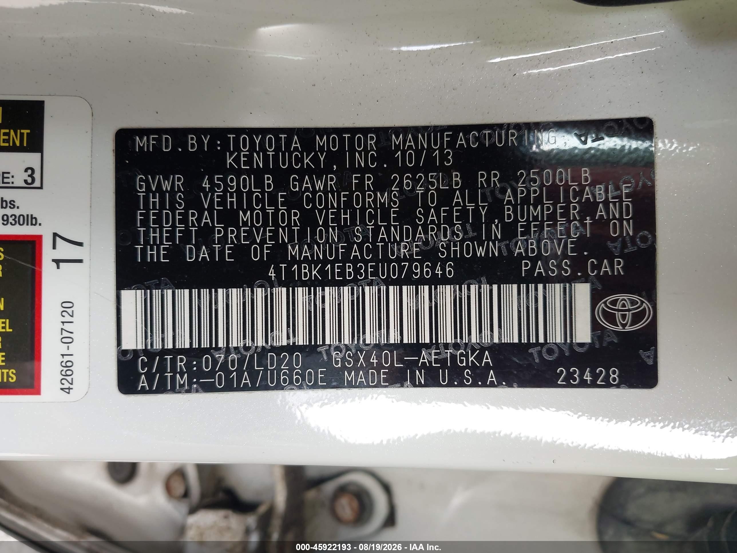 2014 Toyota Avalon Xle White vin: 4T1BK1EB3EU079646