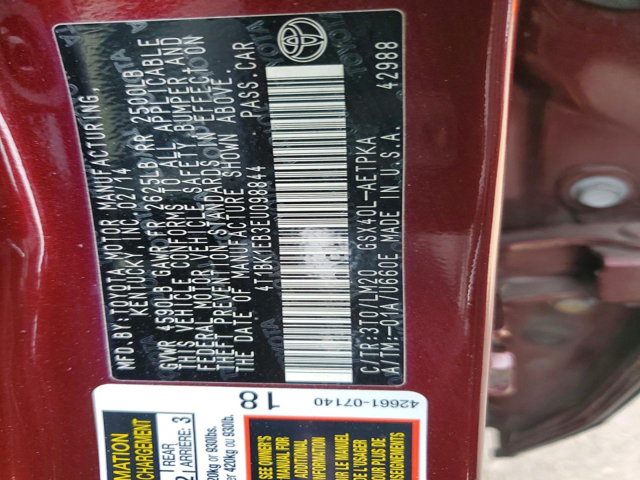 2014 Toyota Avalon Limited Burgundy vin: 4T1BK1EB3EU098844