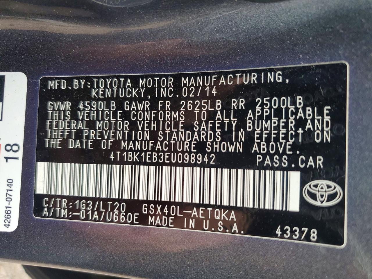 2014 Toyota Avalon Xle Touring Charcoal vin: 4T1BK1EB3EU098942