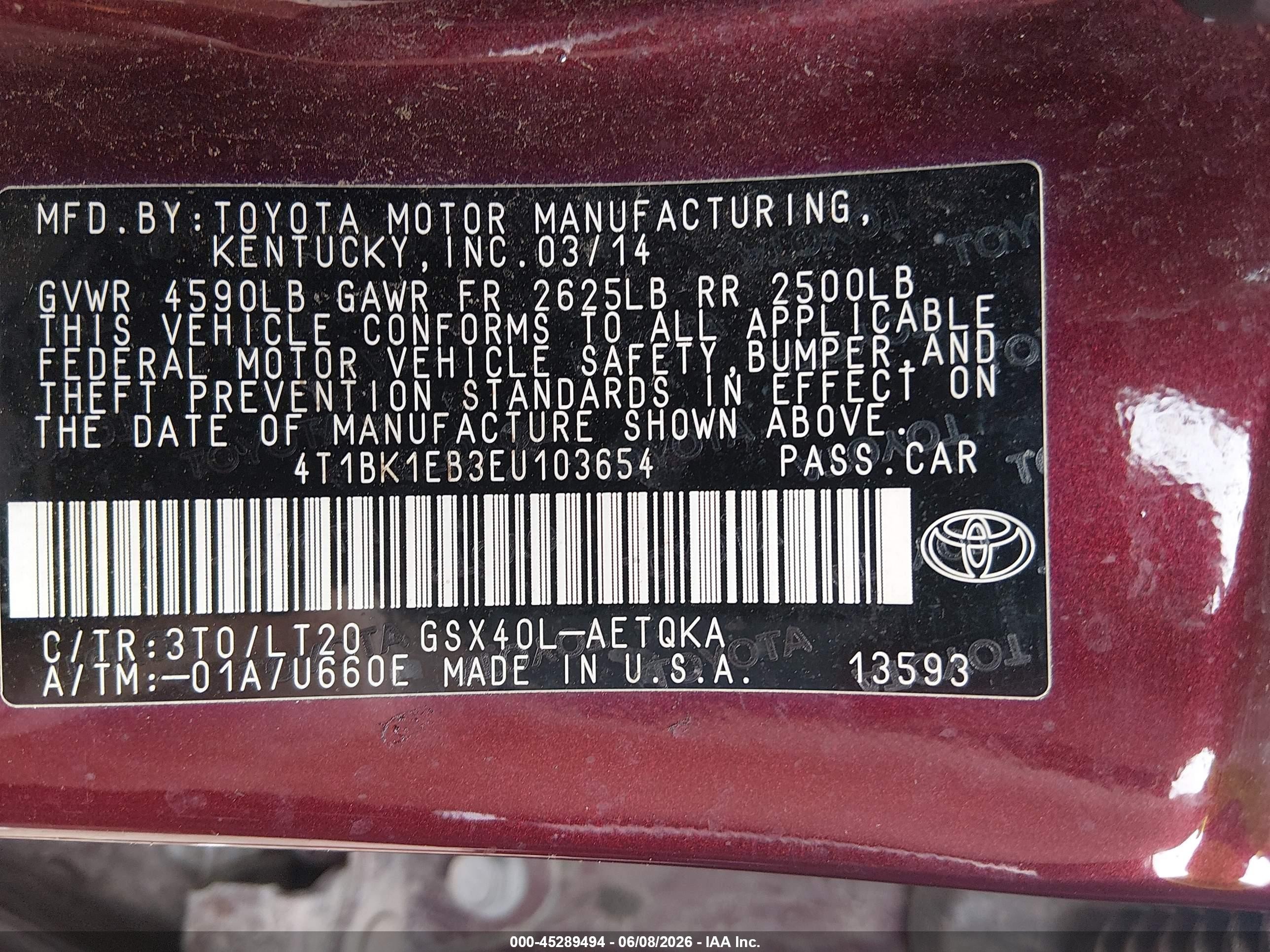 2014 Toyota Avalon Xle Touring Maroon vin: 4T1BK1EB3EU103654
