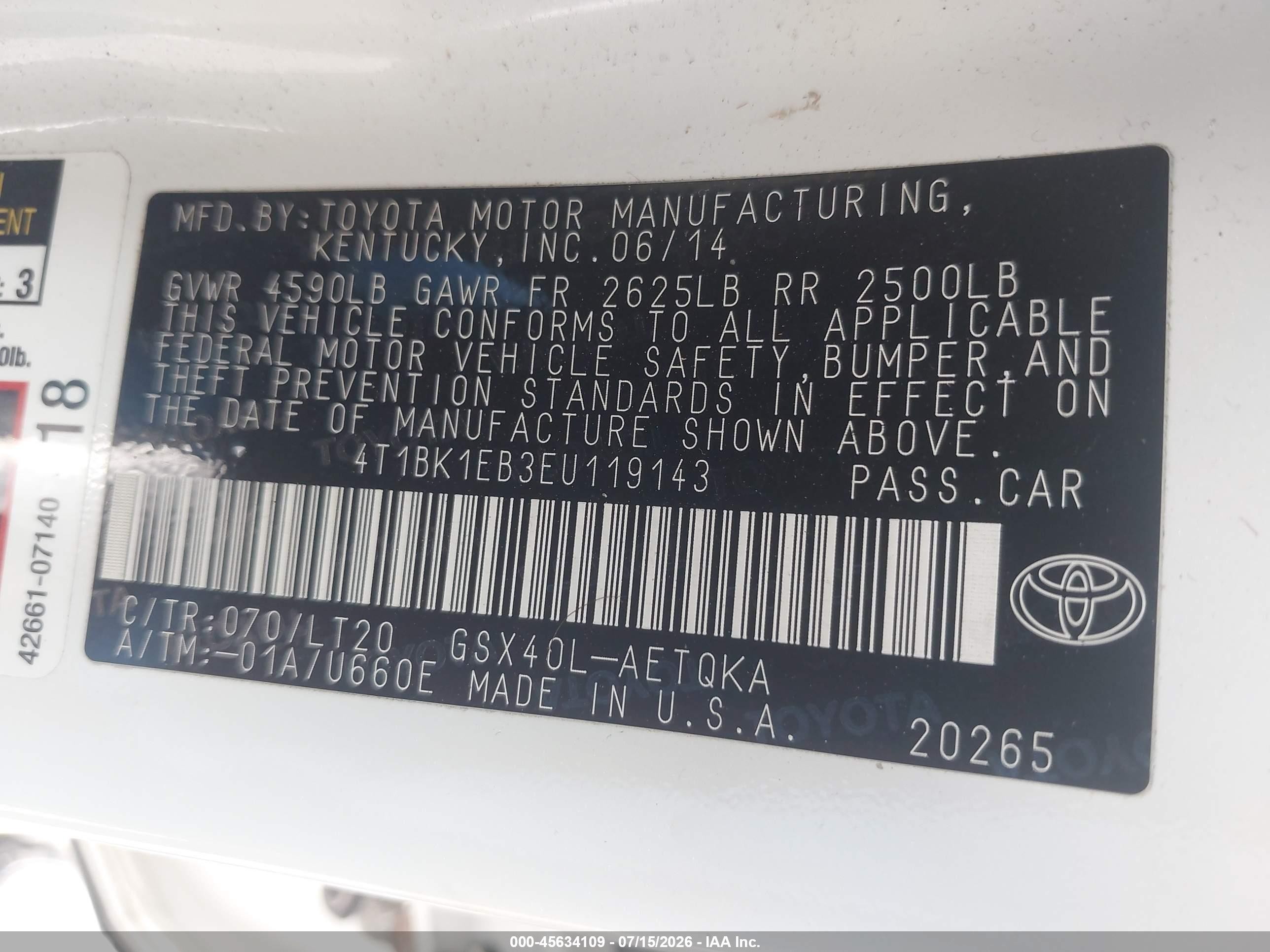 2014 Toyota Avalon Xle Touring White vin: 4T1BK1EB3EU119143