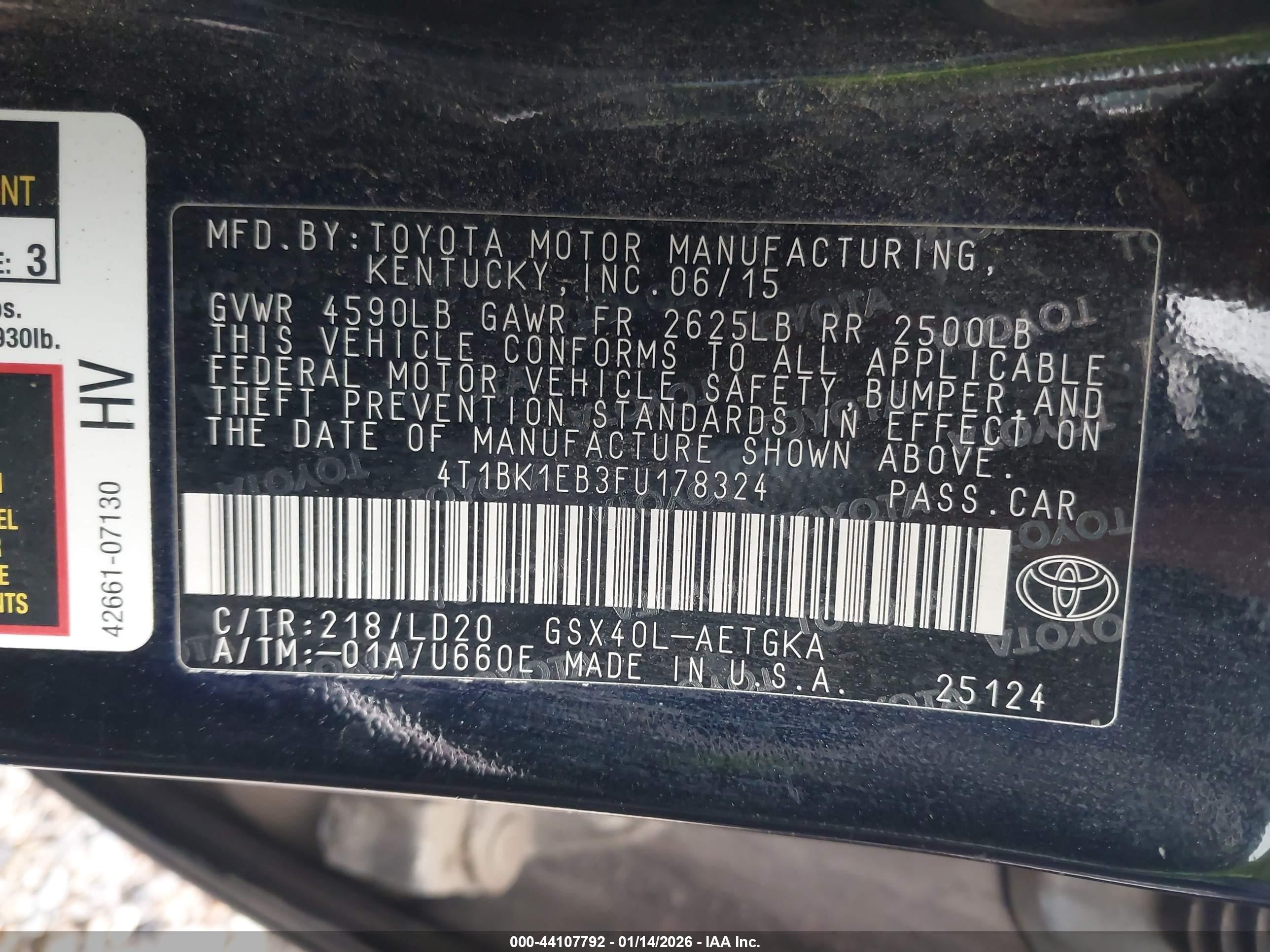2015 Toyota Avalon Xle Black vin: 4T1BK1EB3FU178324