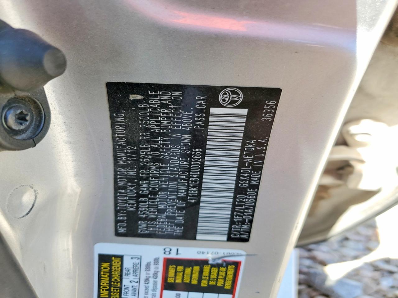 2013 Toyota Avalon Xle Touring Silver vin: 4T1BK1EB4DU002668