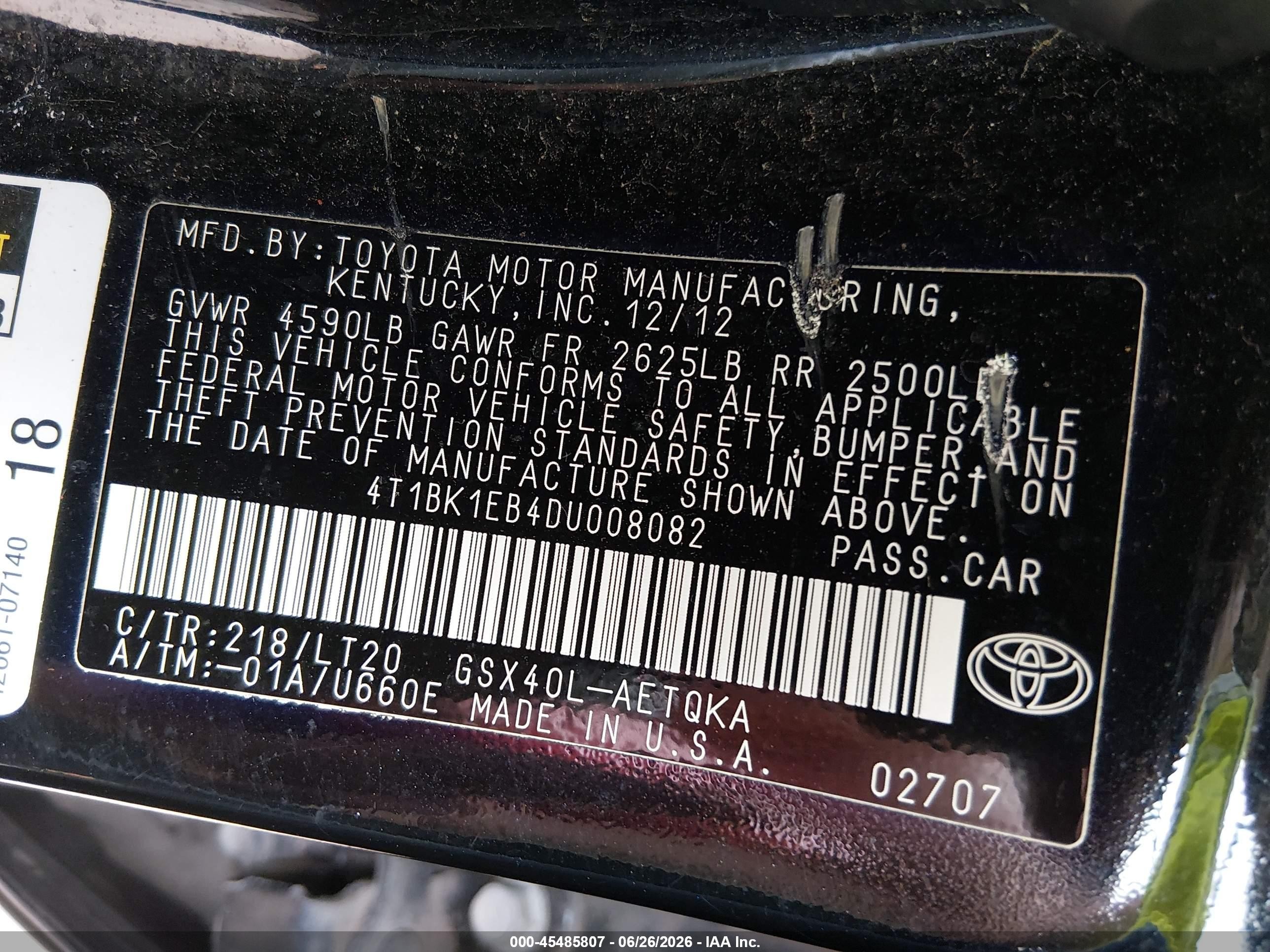 2013 Toyota Avalon Xle Touring Black vin: 4T1BK1EB4DU008082
