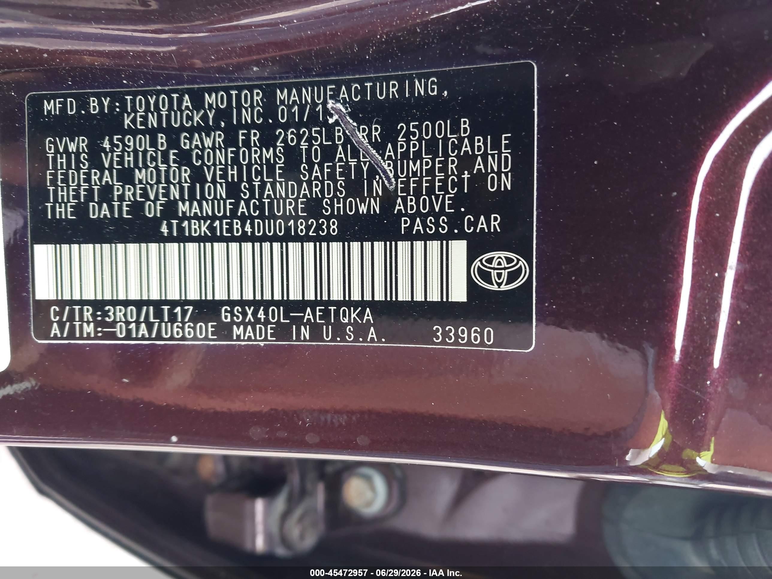 2013 Toyota Avalon Xle Touring Burgundy vin: 4T1BK1EB4DU018238