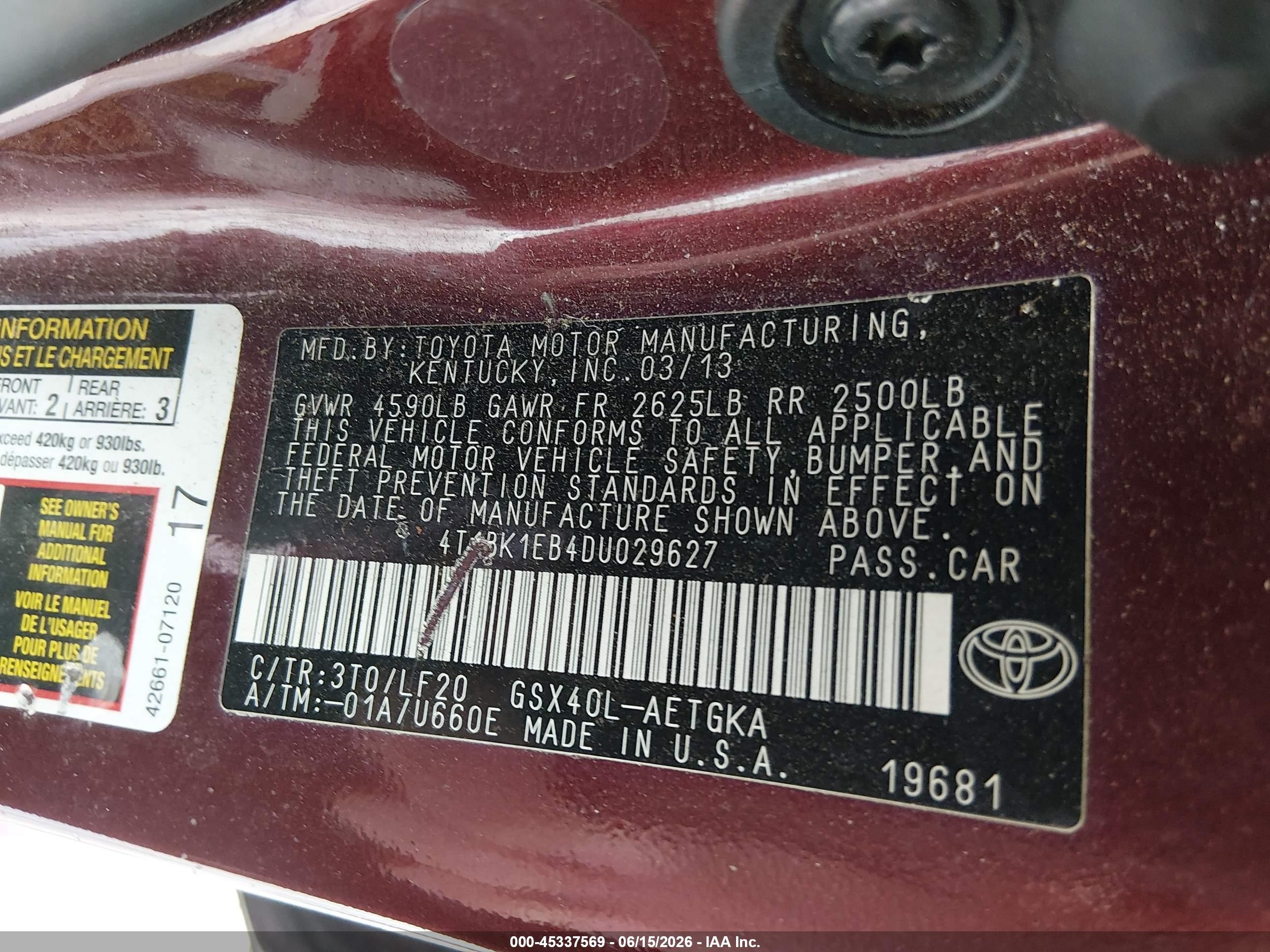 2013 Toyota Avalon Xle Premium Red vin: 4T1BK1EB4DU029627